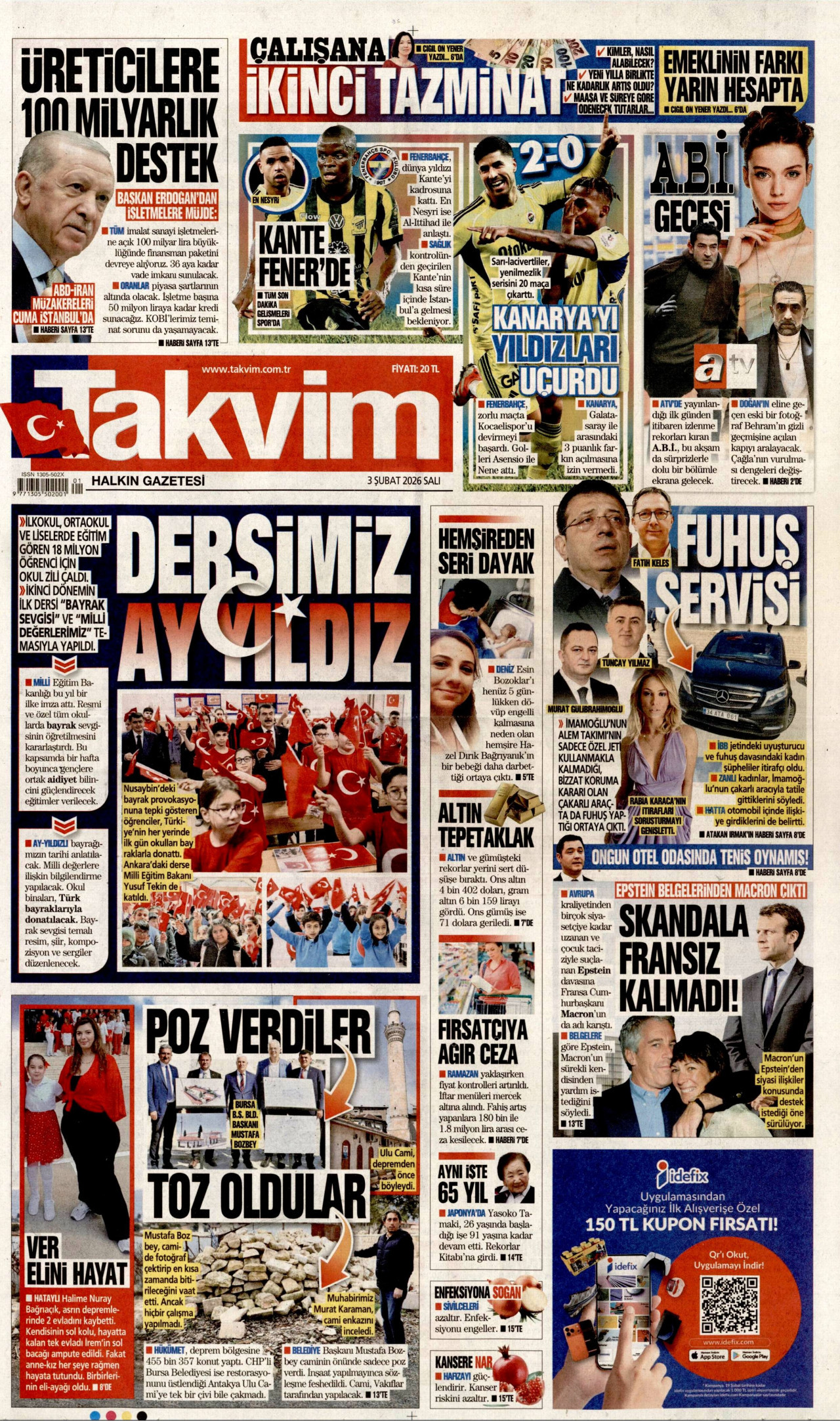 TAKVİM gazetesinin 3 Şubat 2026 tarihli birinci sayfası
