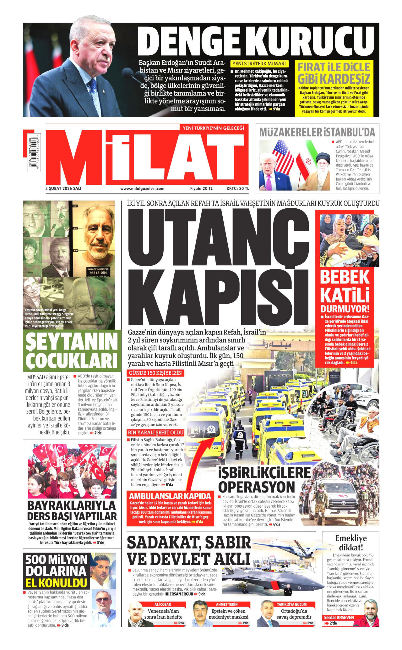 MİLAT gazetesinin 3 Şubat 2026 tarihli birinci sayfası