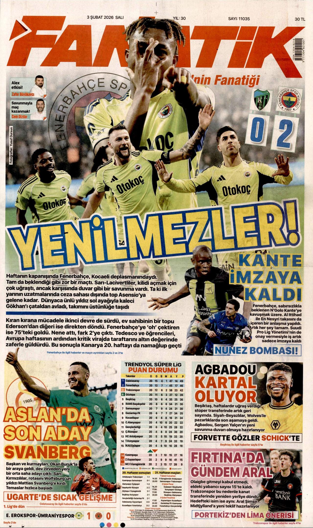 FANATİK gazetesinin 3 Şubat 2026 tarihli birinci sayfası