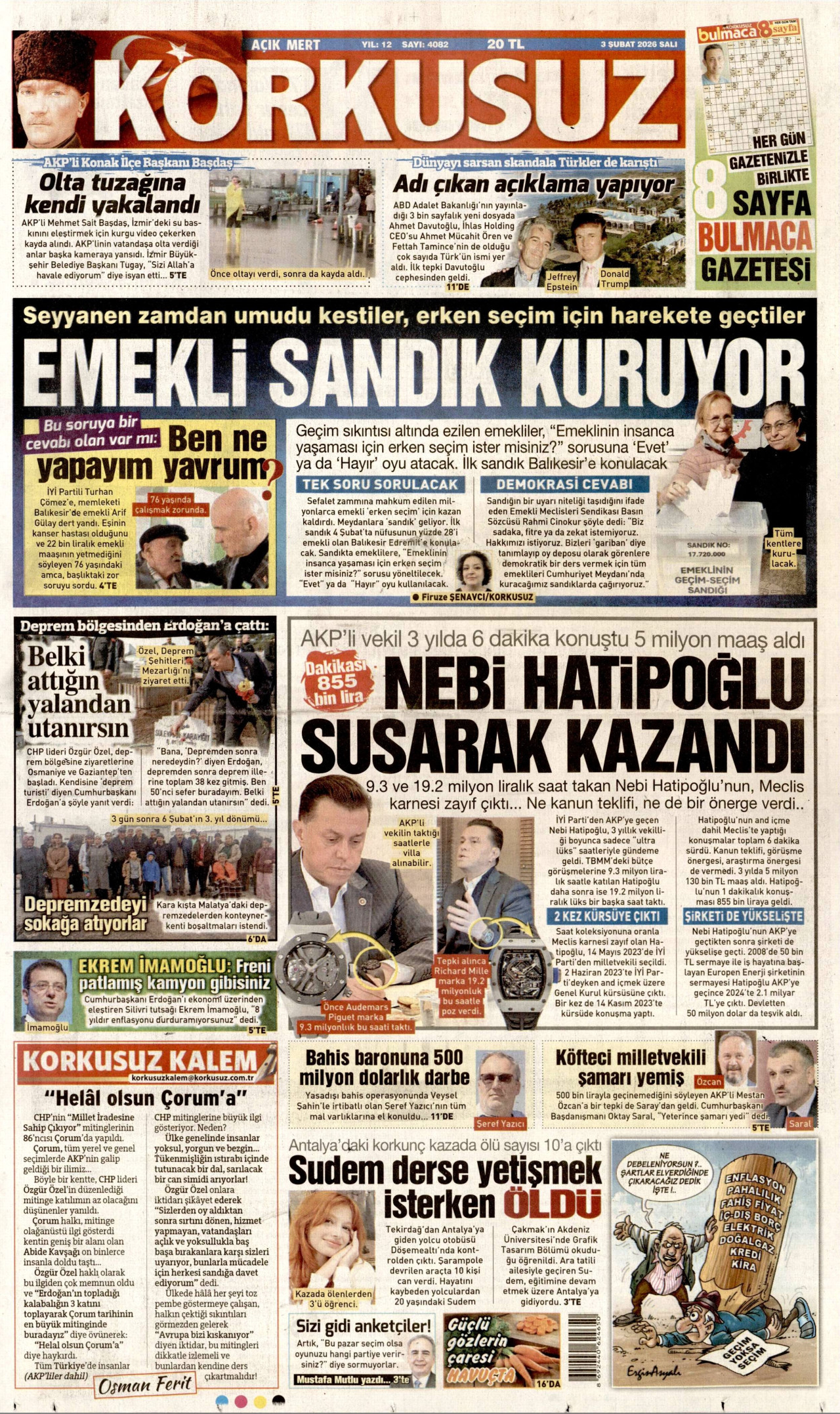 KORKUSUZ gazetesinin 3 Şubat 2026 tarihli birinci sayfası