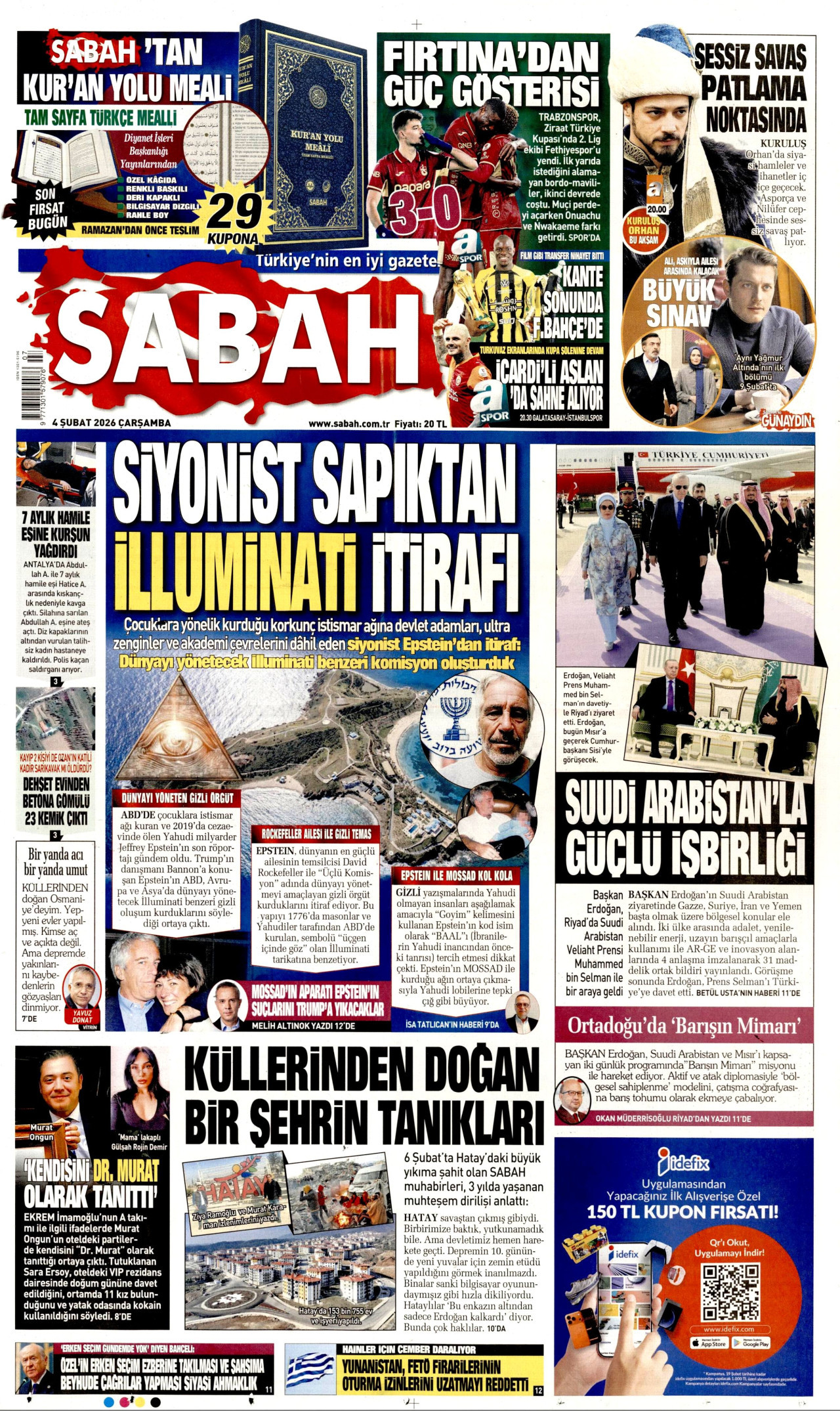 SABAH gazetesinin 4 Şubat 2026 tarihli birinci sayfası
