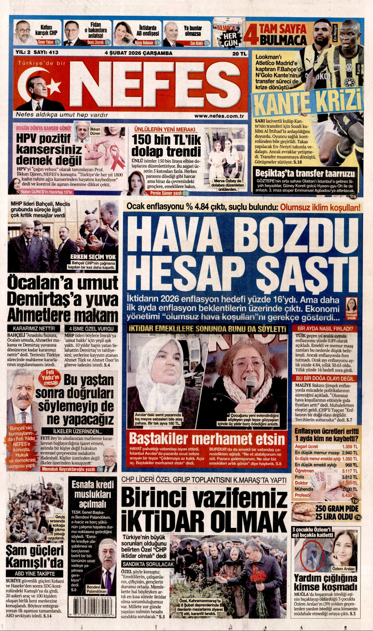 NEFES gazetesinin 4 Şubat 2026 tarihli birinci sayfası