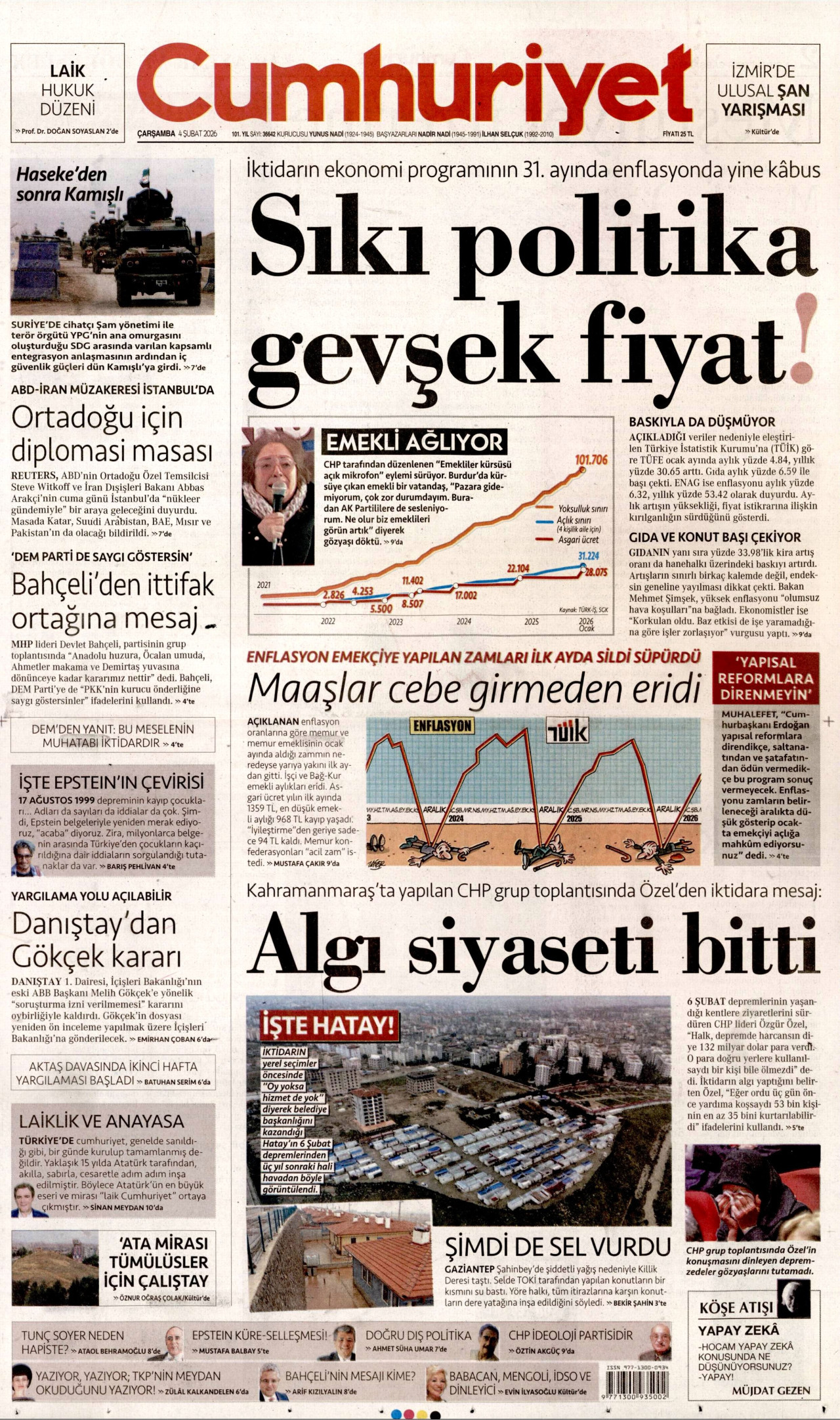 CUMHURİYET gazetesinin 4 Şubat 2026 tarihli birinci sayfası