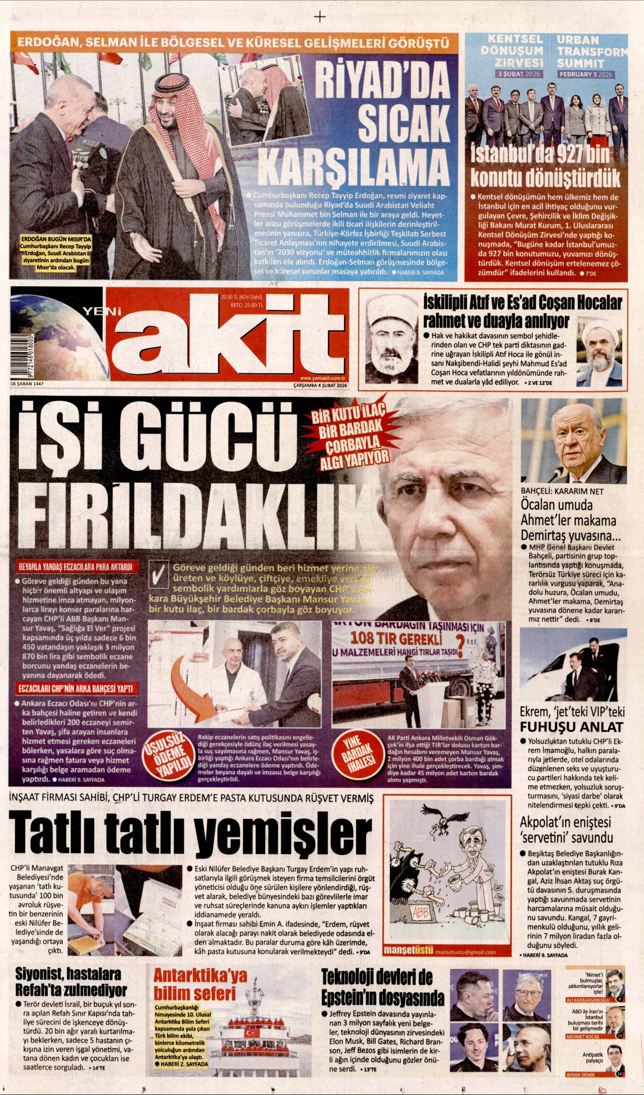 YENİ AKİT gazetesinin 4 Şubat 2026 tarihli birinci sayfası