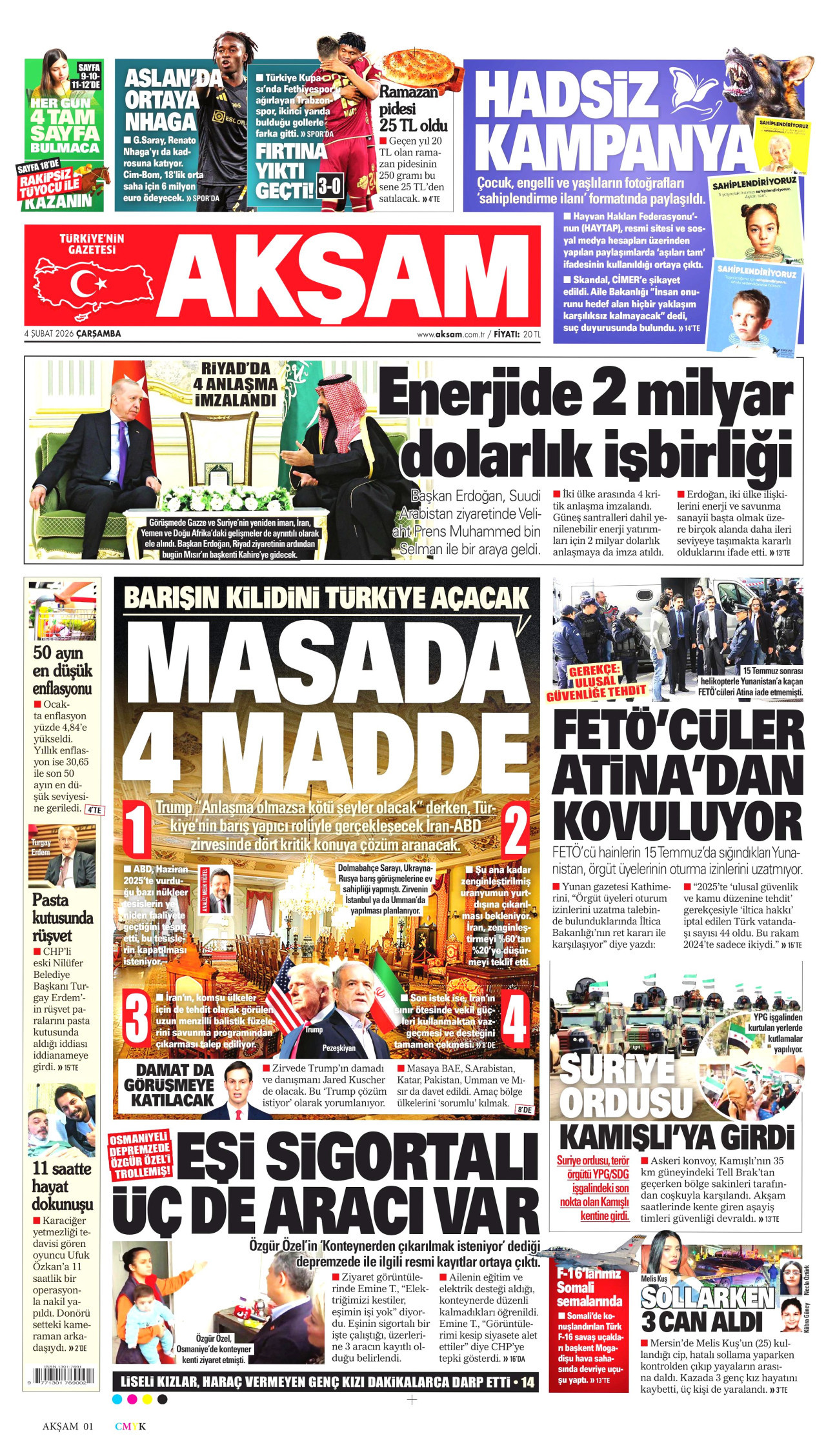 AKŞAM gazetesinin 4 Şubat 2026 tarihli birinci sayfası