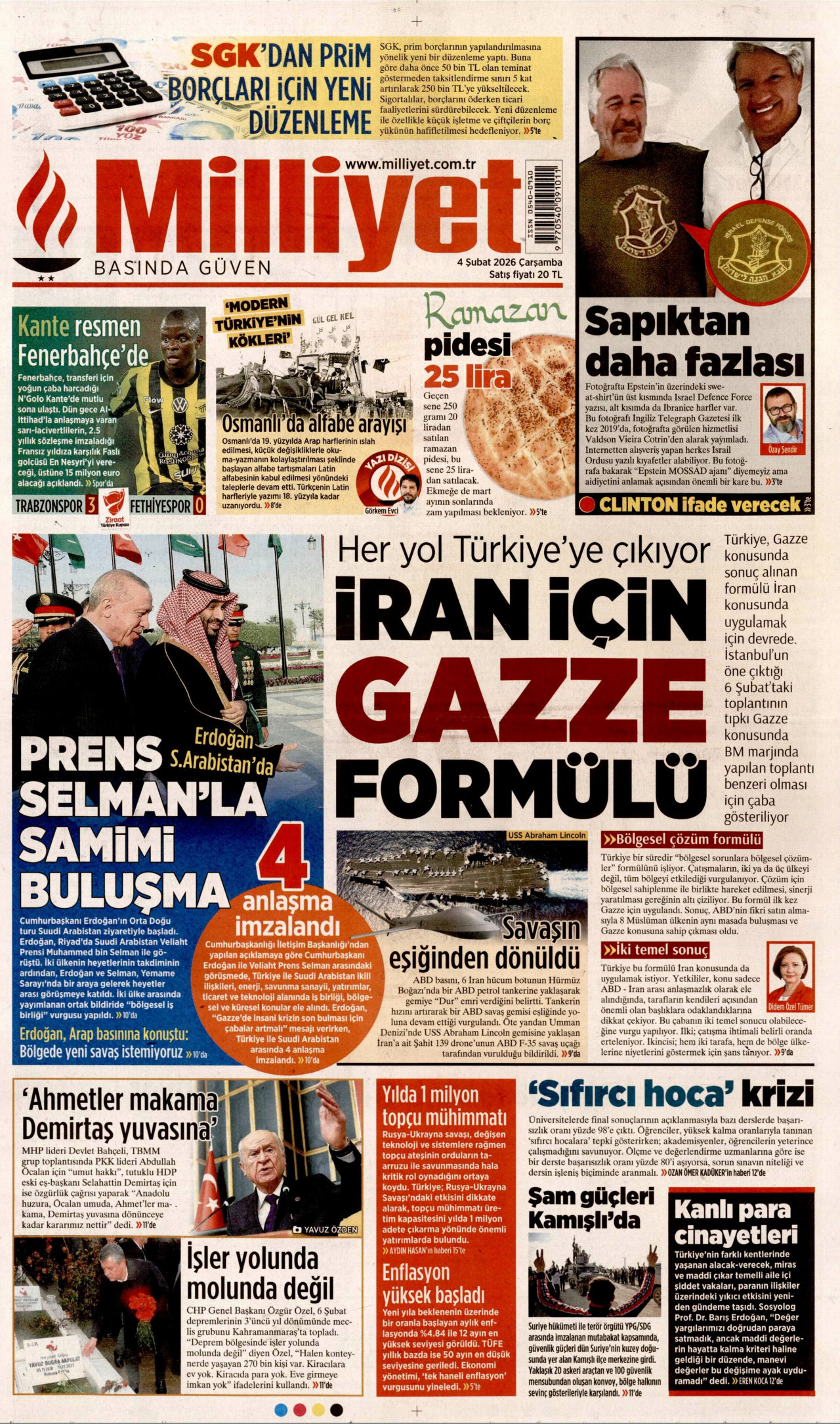 MİLLİYET gazetesinin 4 Şubat 2026 tarihli birinci sayfası