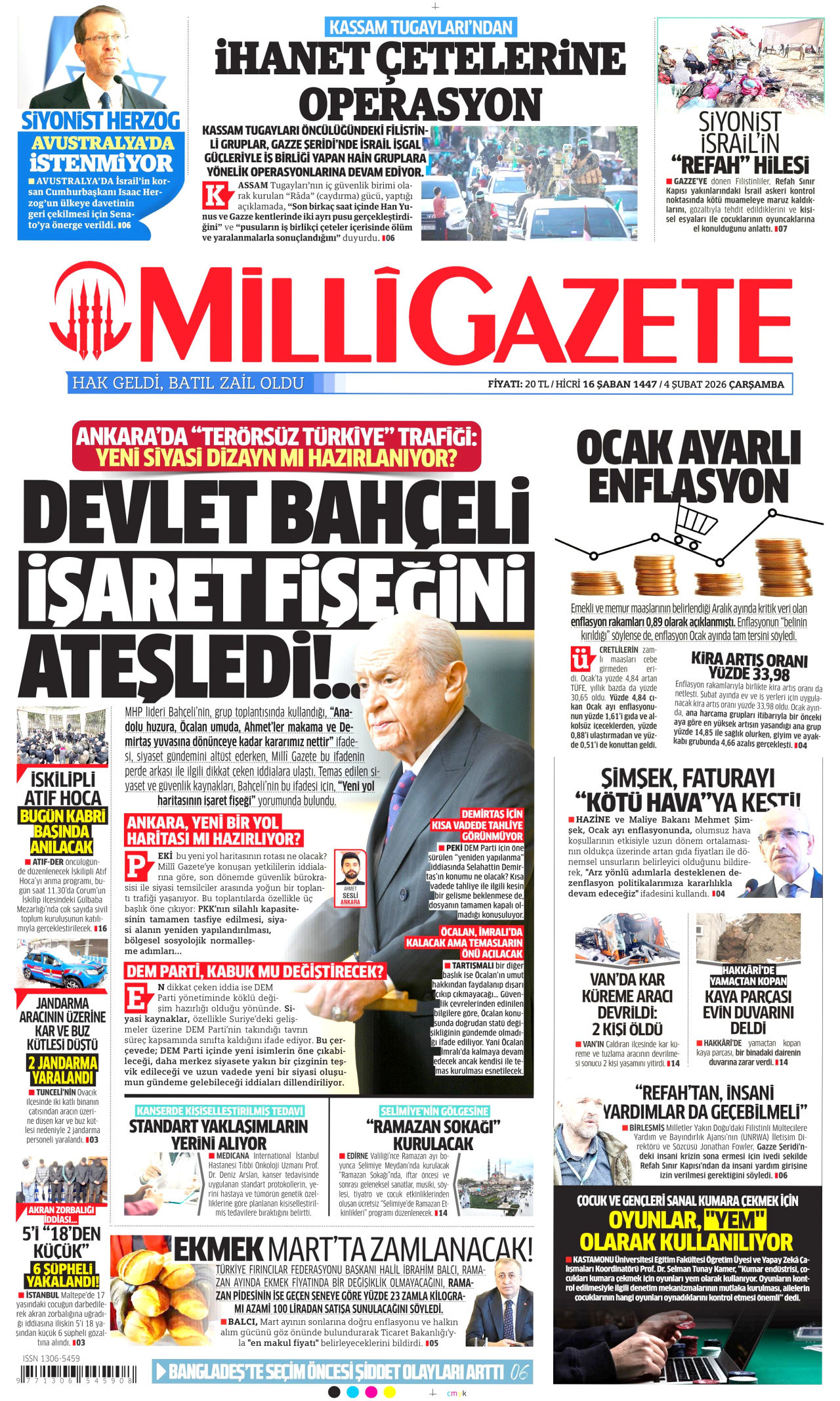 MİLLİ GAZETE gazetesinin 4 Şubat 2026 tarihli birinci sayfası