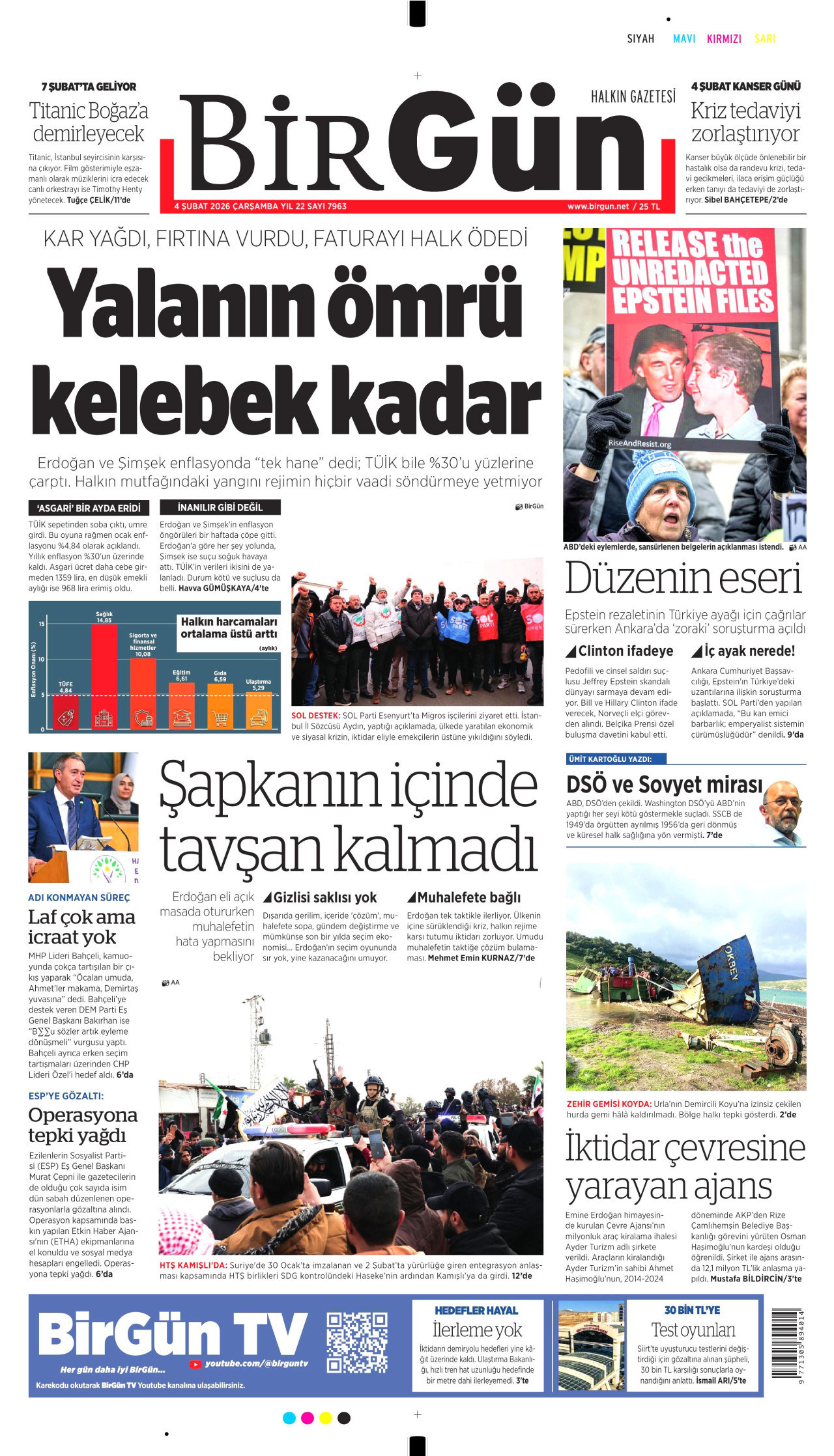 BİRGÜN gazetesinin 4 Şubat 2026 tarihli birinci sayfası