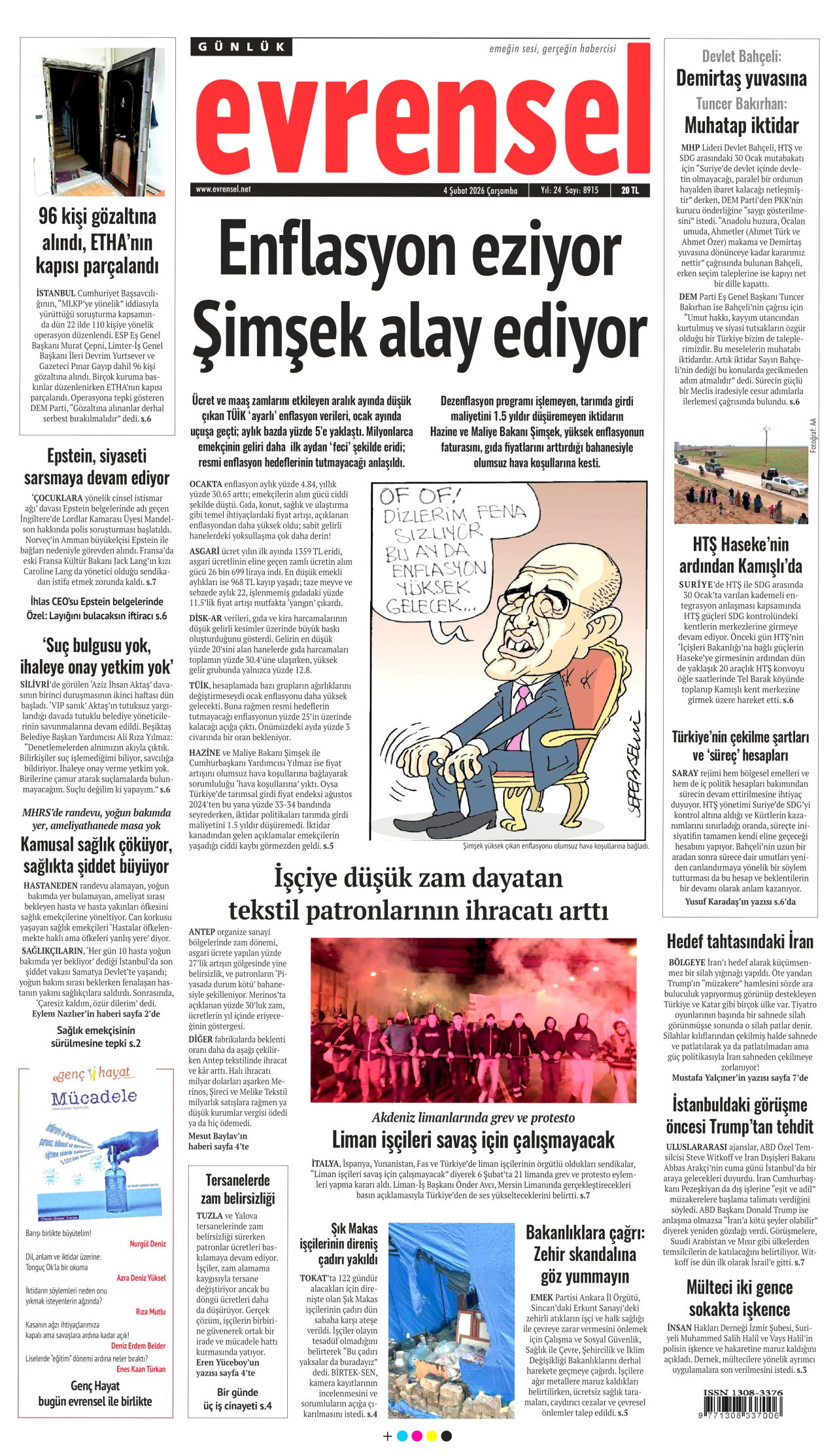EVRENSEL gazetesinin 4 Şubat 2026 tarihli birinci sayfası