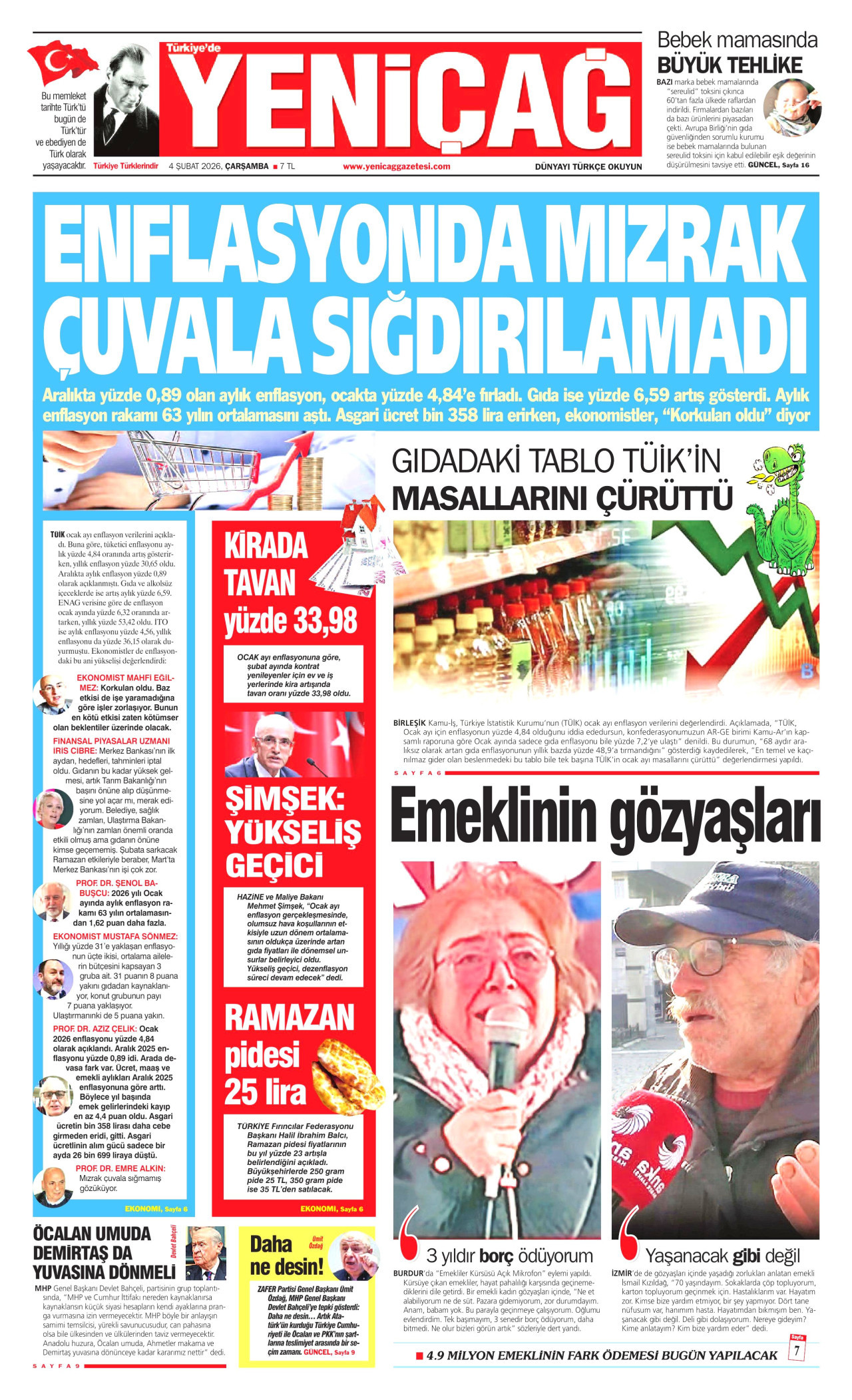 YENİÇAĞ gazetesinin 4 Şubat 2026 tarihli birinci sayfası