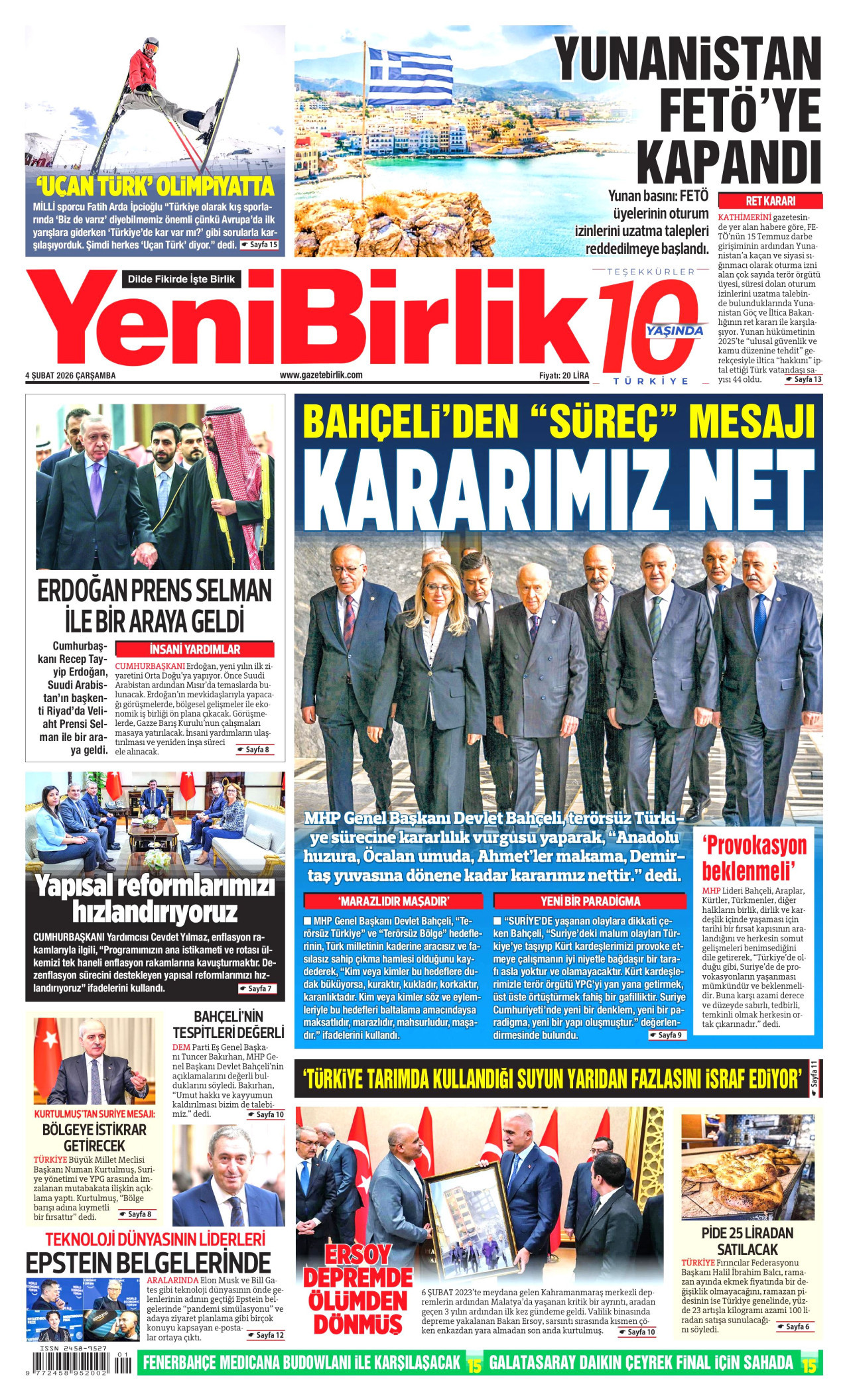 YENİBİRLİK gazetesinin 4 Şubat 2026 tarihli birinci sayfası