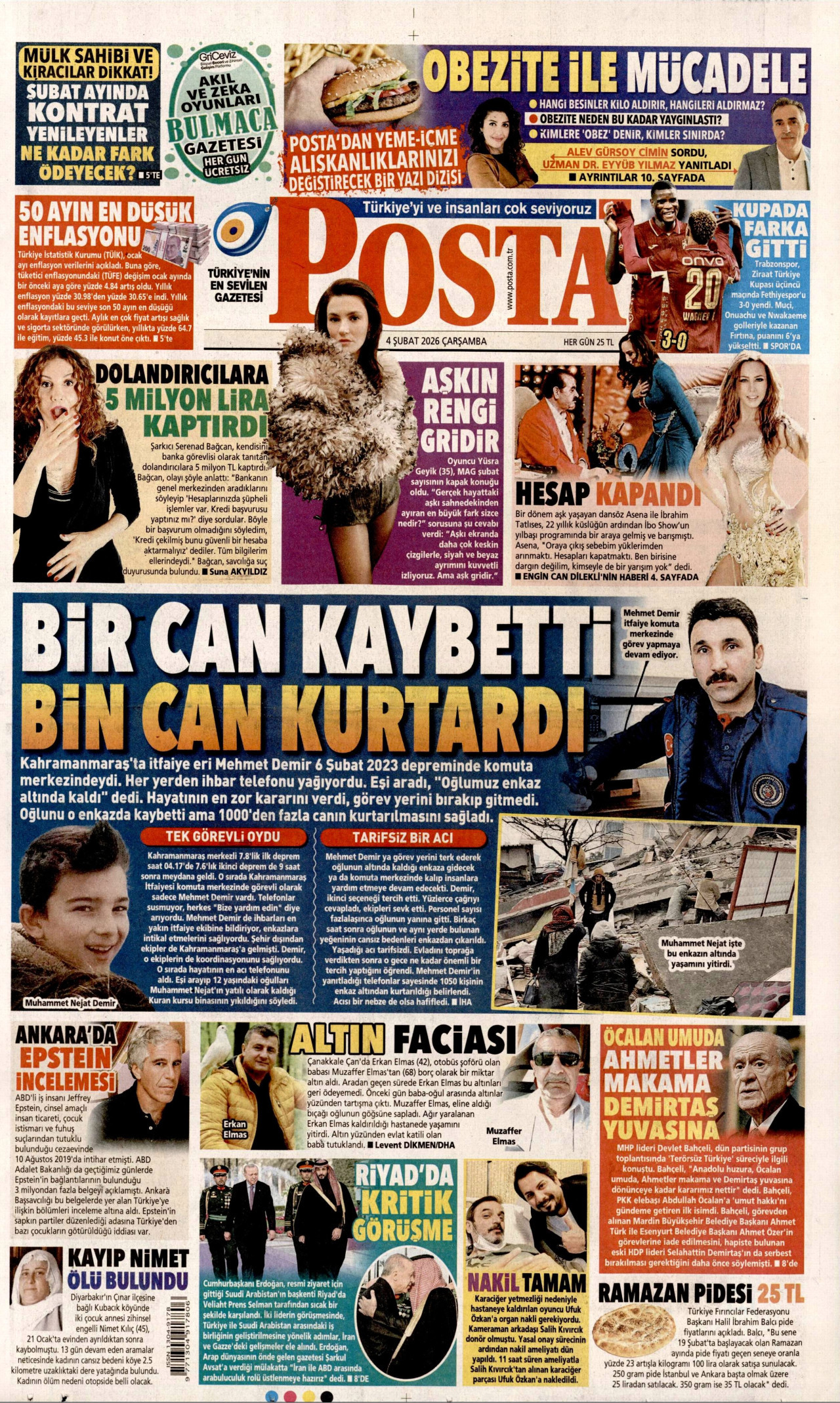 POSTA gazetesinin 4 Şubat 2026 tarihli birinci sayfası
