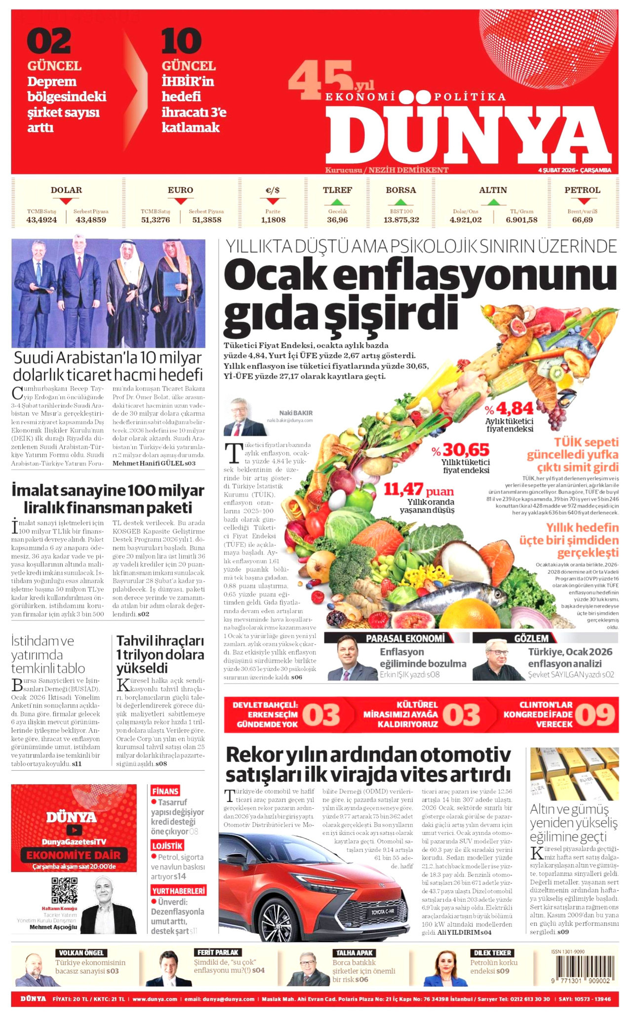 DÜNYA gazetesinin 4 Şubat 2026 tarihli birinci sayfası