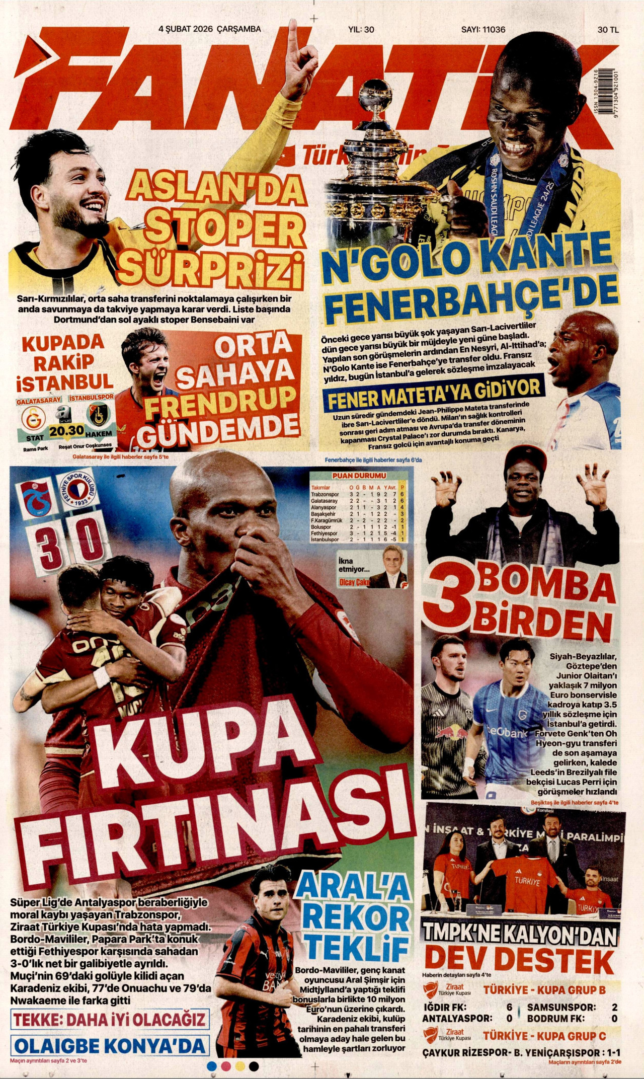 FANATİK gazetesinin 4 Şubat 2026 tarihli birinci sayfası