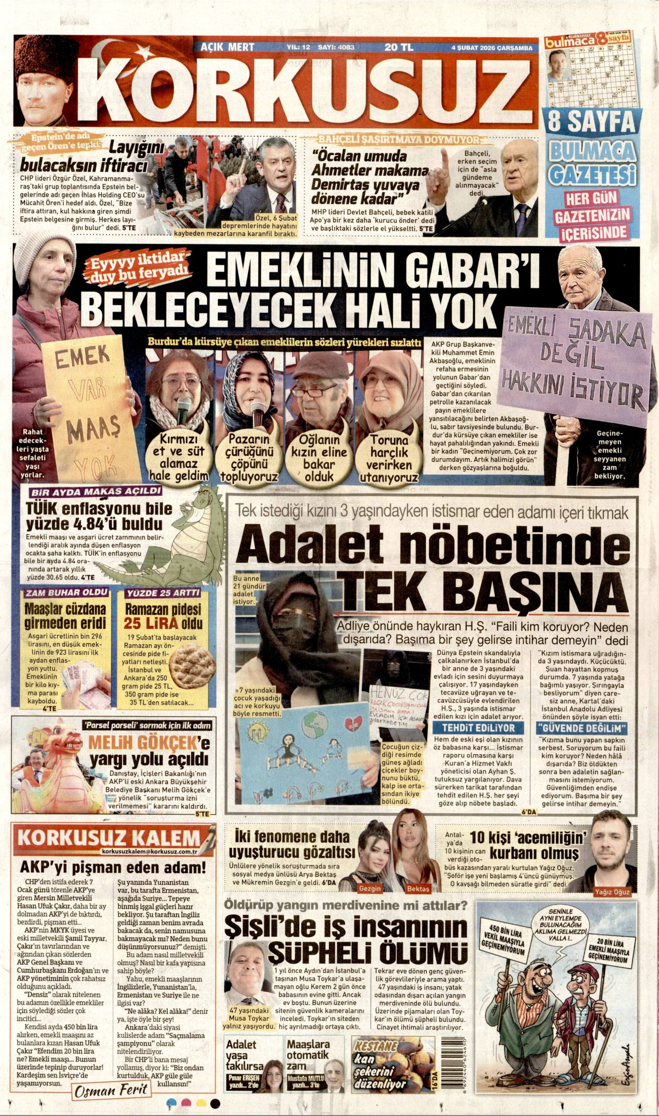 KORKUSUZ gazetesinin 4 Şubat 2026 tarihli birinci sayfası