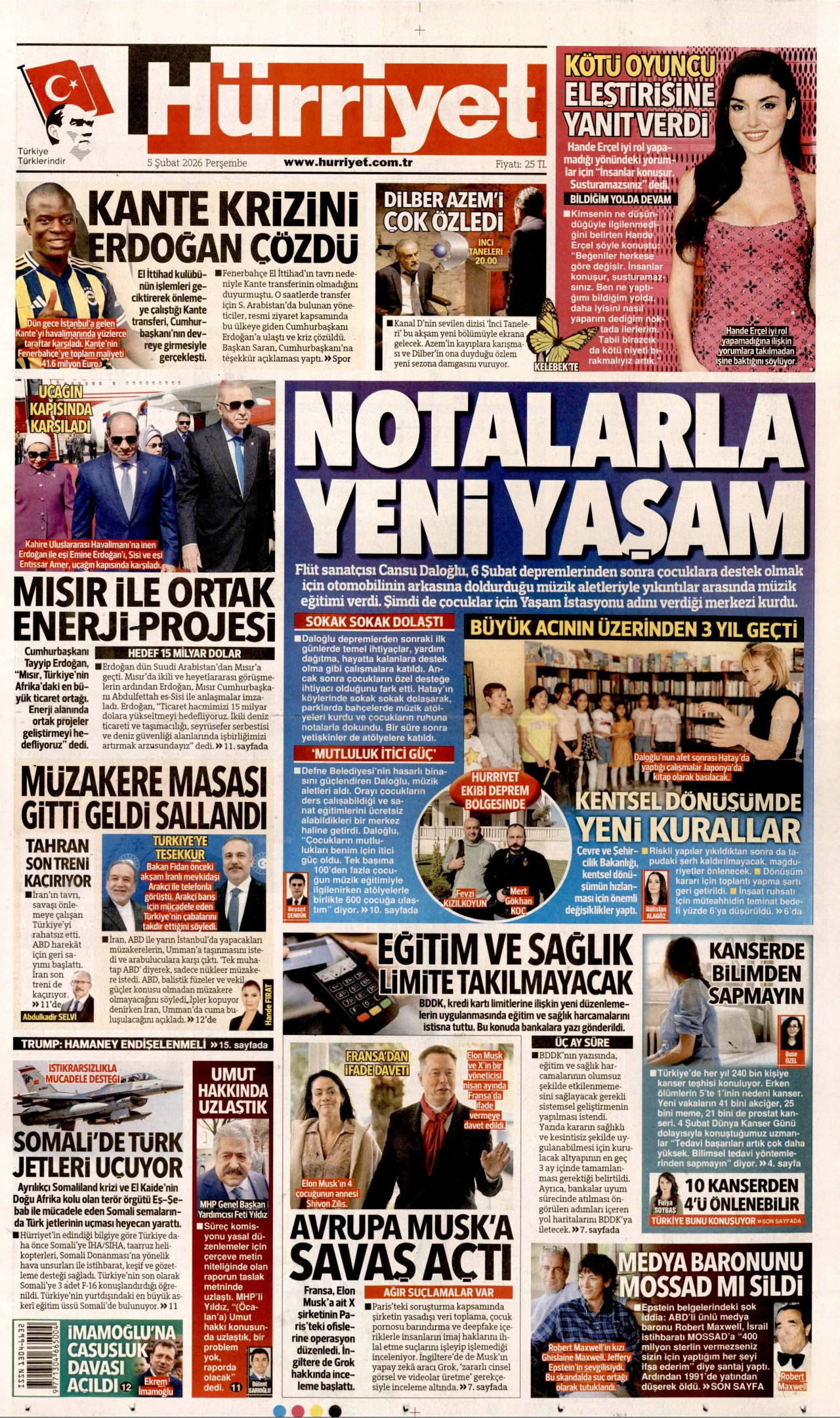 HÜRRİYET gazetesinin 5 Şubat 2026 tarihli birinci sayfası