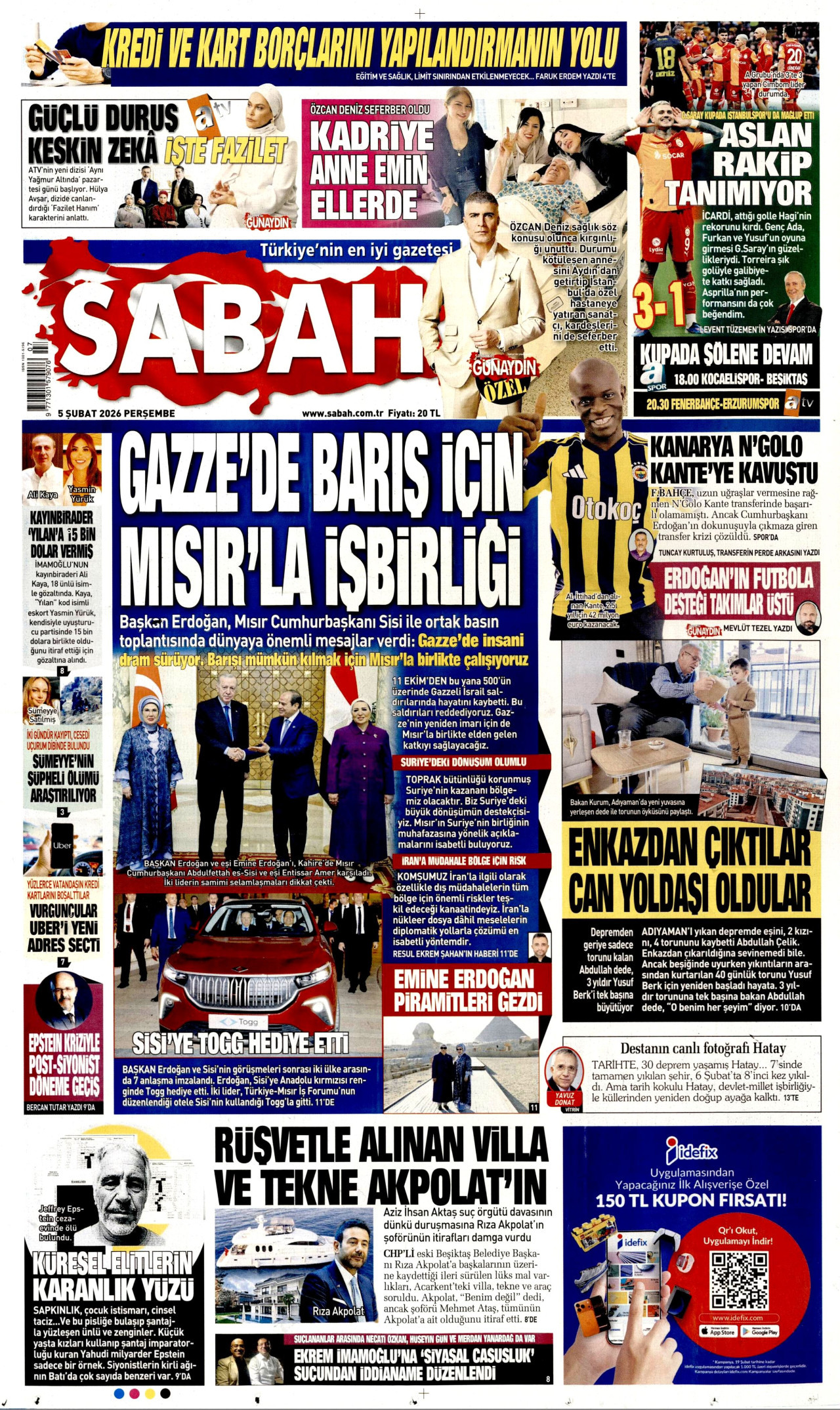 SABAH gazetesinin 5 Şubat 2026 tarihli birinci sayfası