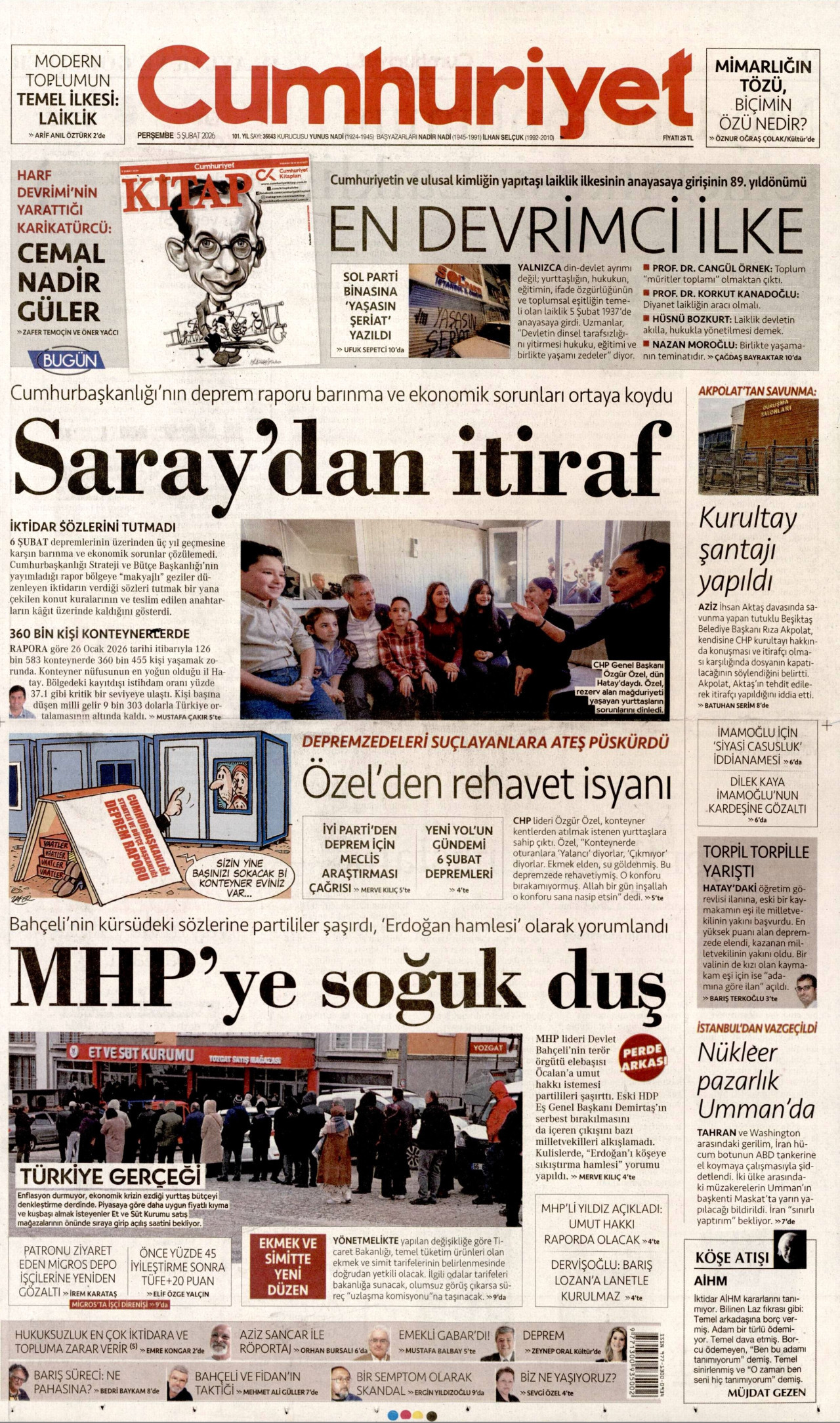 CUMHURİYET gazetesinin 5 Şubat 2026 tarihli birinci sayfası