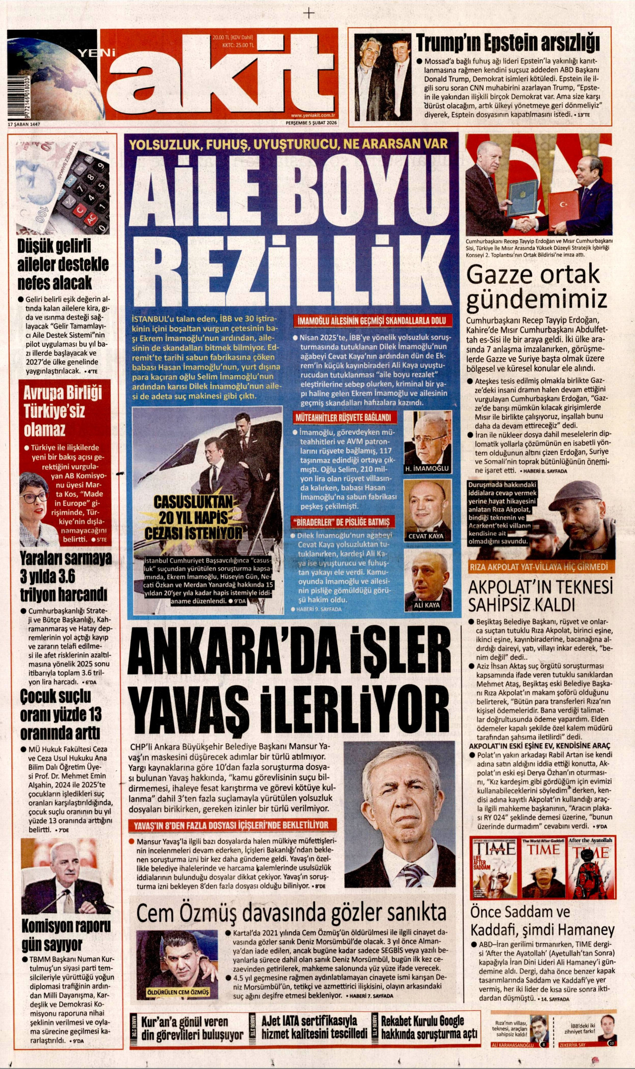 YENİ AKİT gazetesinin 5 Şubat 2026 tarihli birinci sayfası