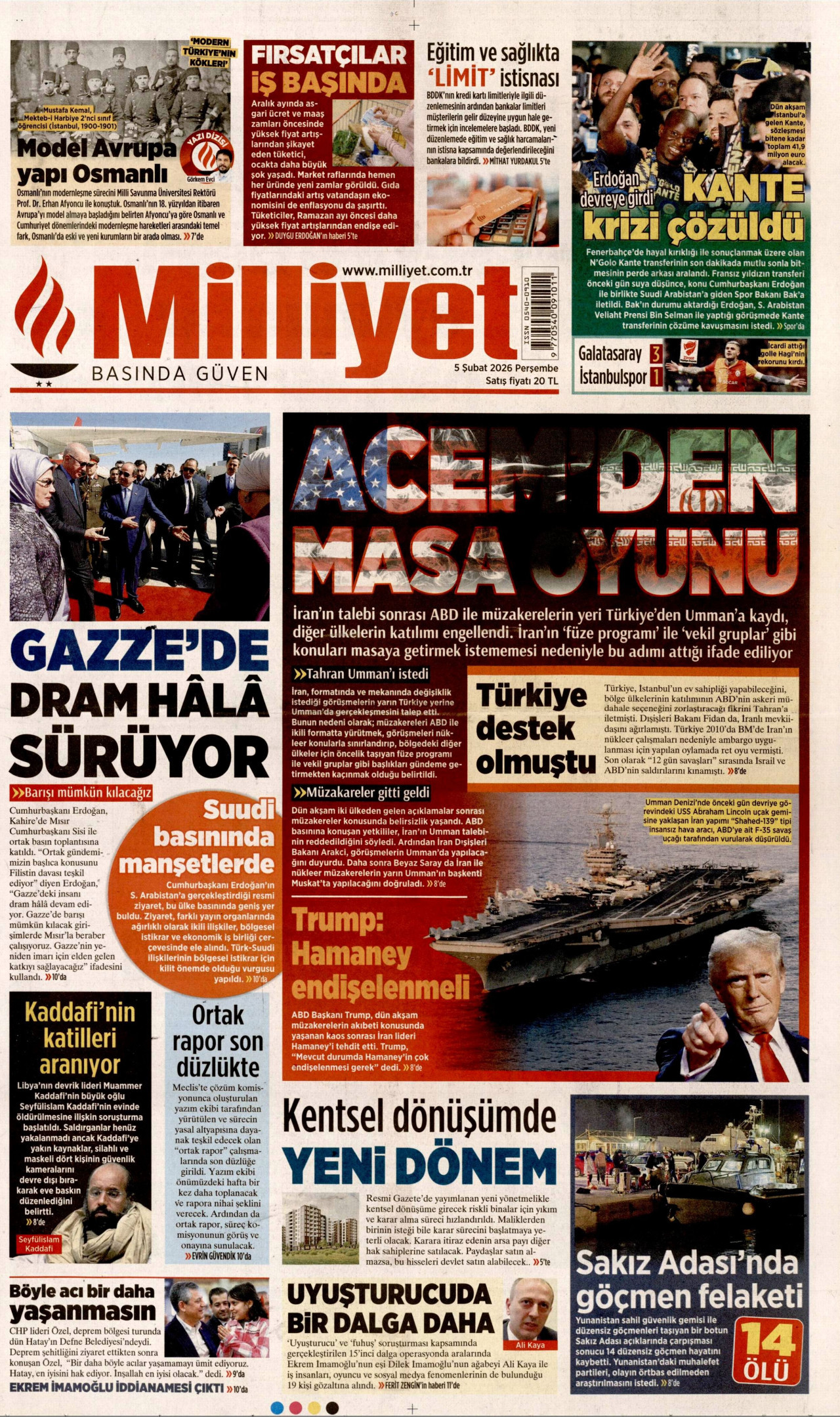 MİLLİYET gazetesinin 5 Şubat 2026 tarihli birinci sayfası