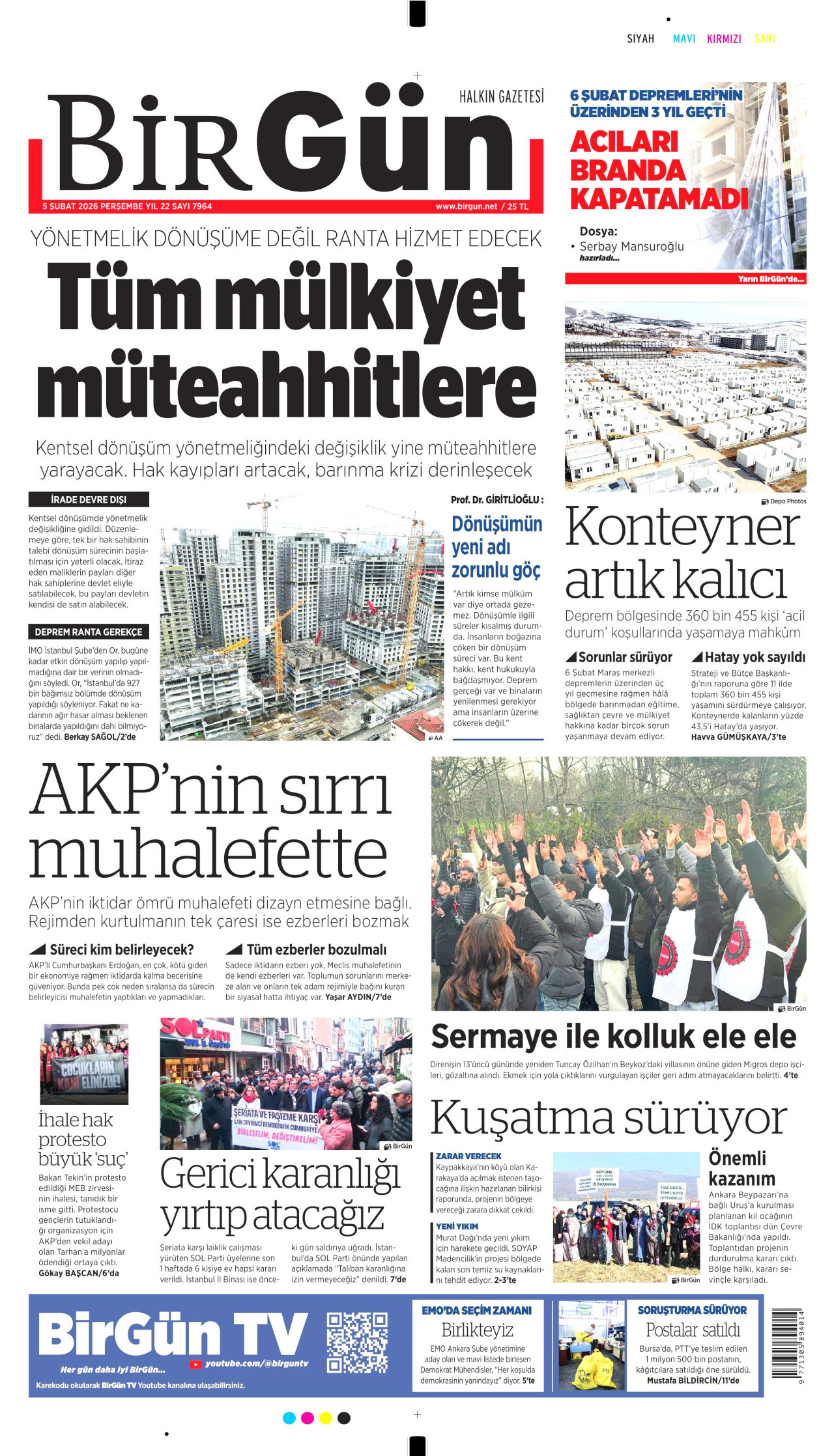 BİRGÜN gazetesinin 5 Şubat 2026 tarihli birinci sayfası