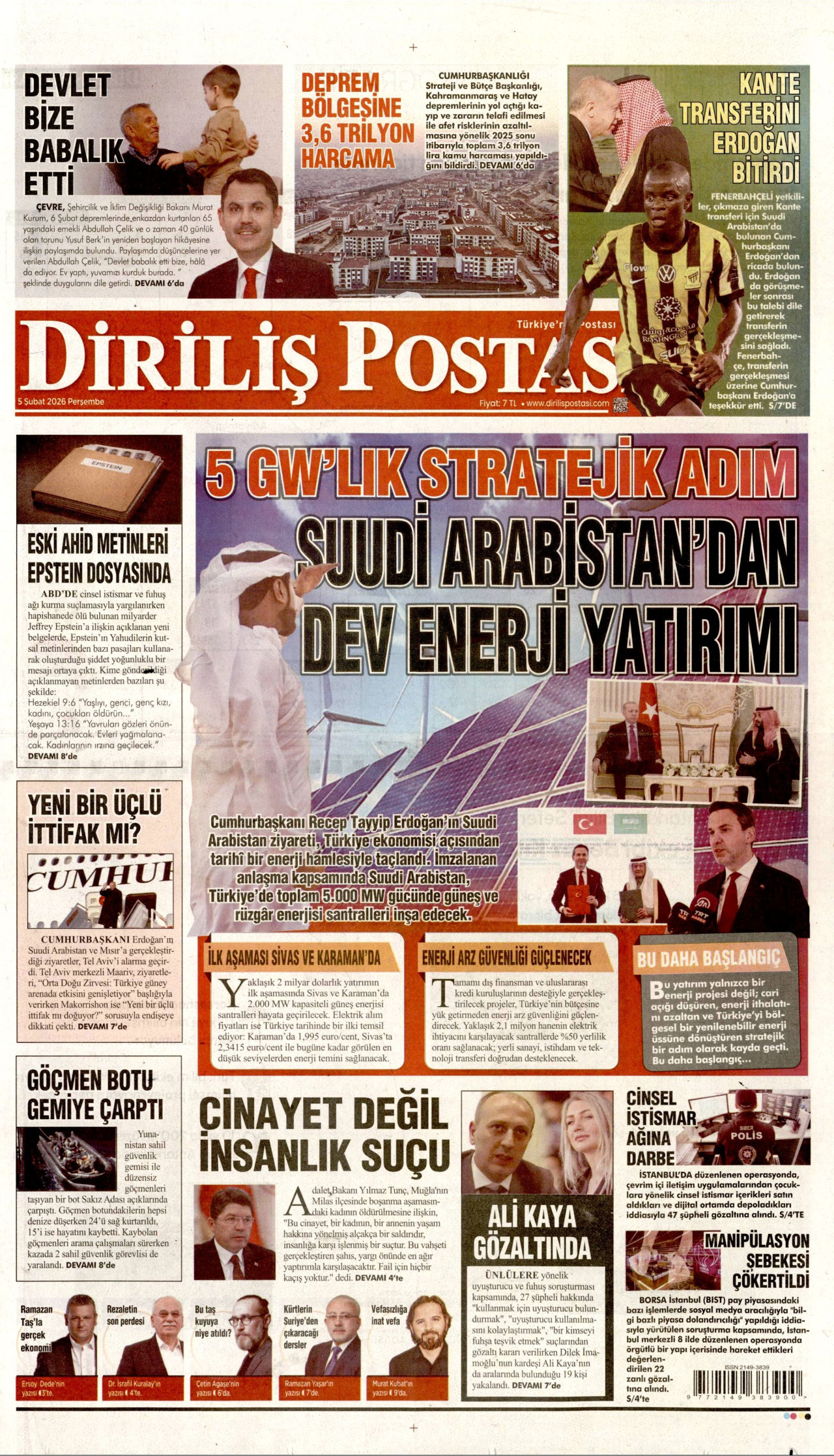 DİRİLİŞ POSTASI gazetesinin 5 Şubat 2026 tarihli birinci sayfası