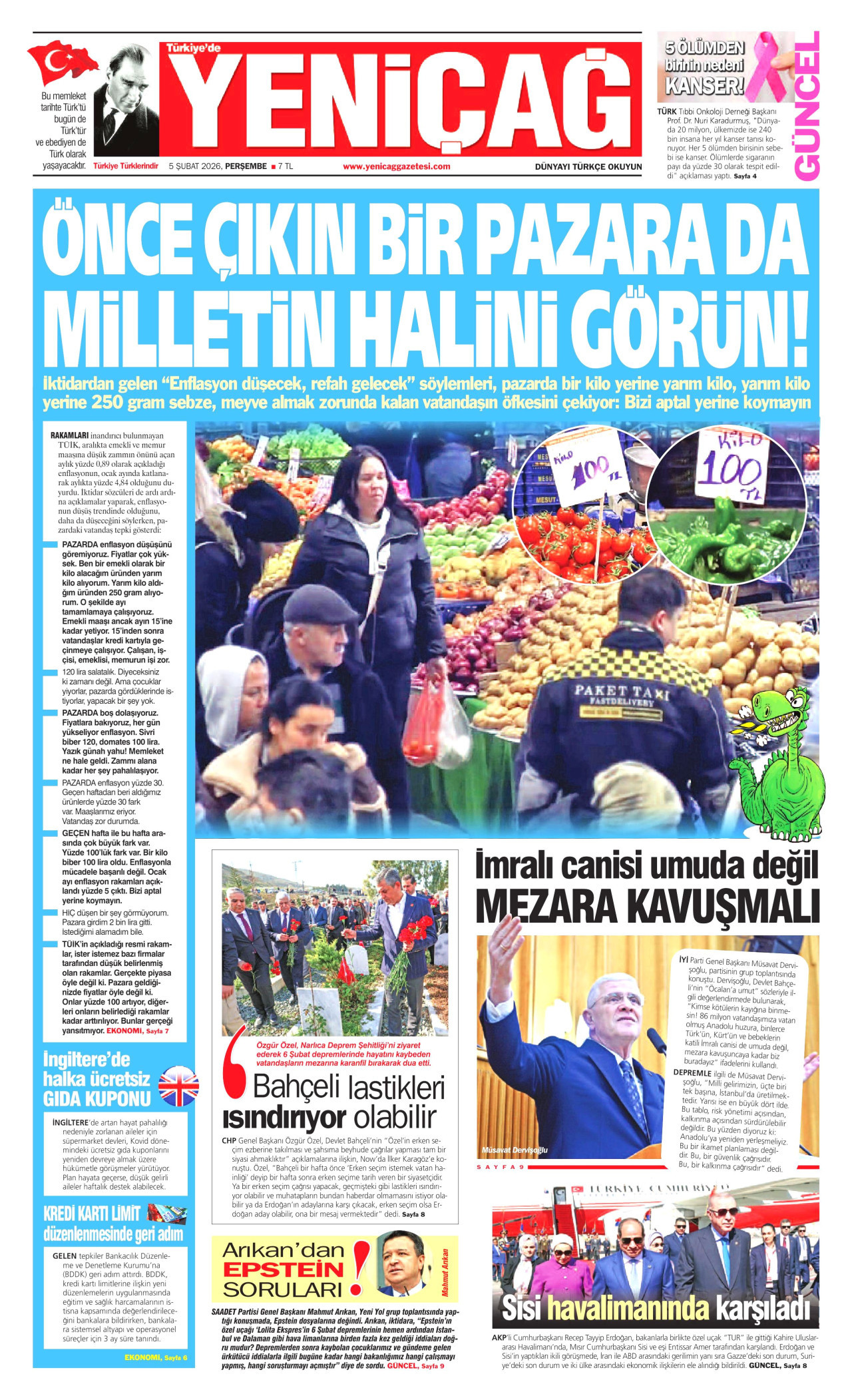 YENİÇAĞ gazetesinin 5 Şubat 2026 tarihli birinci sayfası