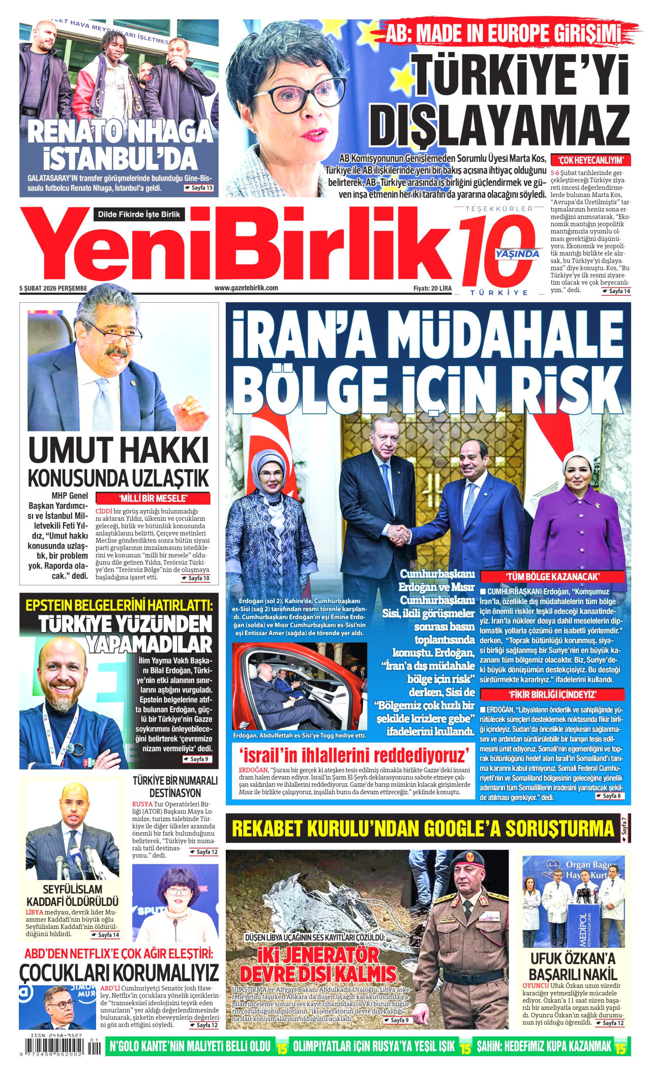 YENİBİRLİK gazetesinin 5 Şubat 2026 tarihli birinci sayfası