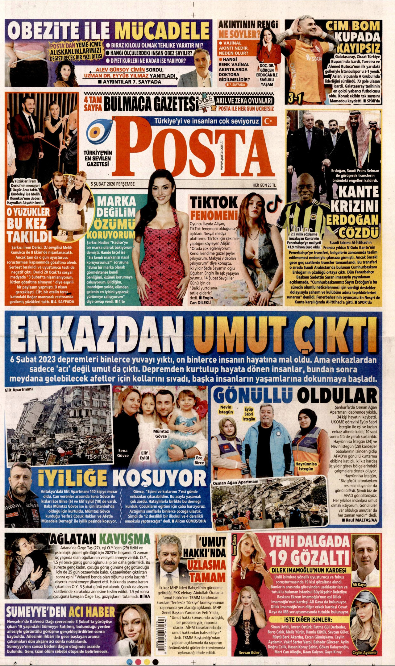 POSTA gazetesinin 5 Şubat 2026 tarihli birinci sayfası