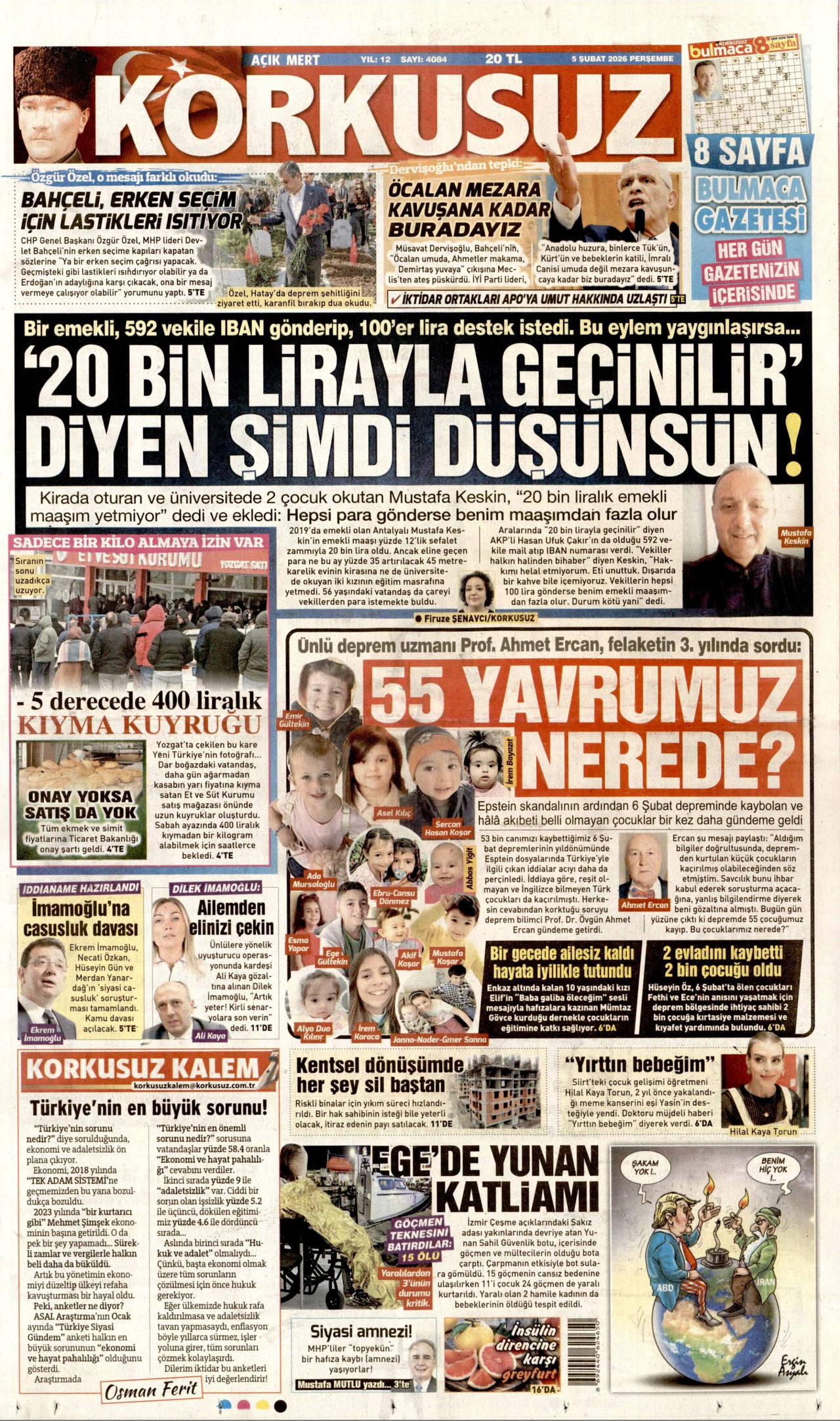 KORKUSUZ gazetesinin 5 Şubat 2026 tarihli birinci sayfası