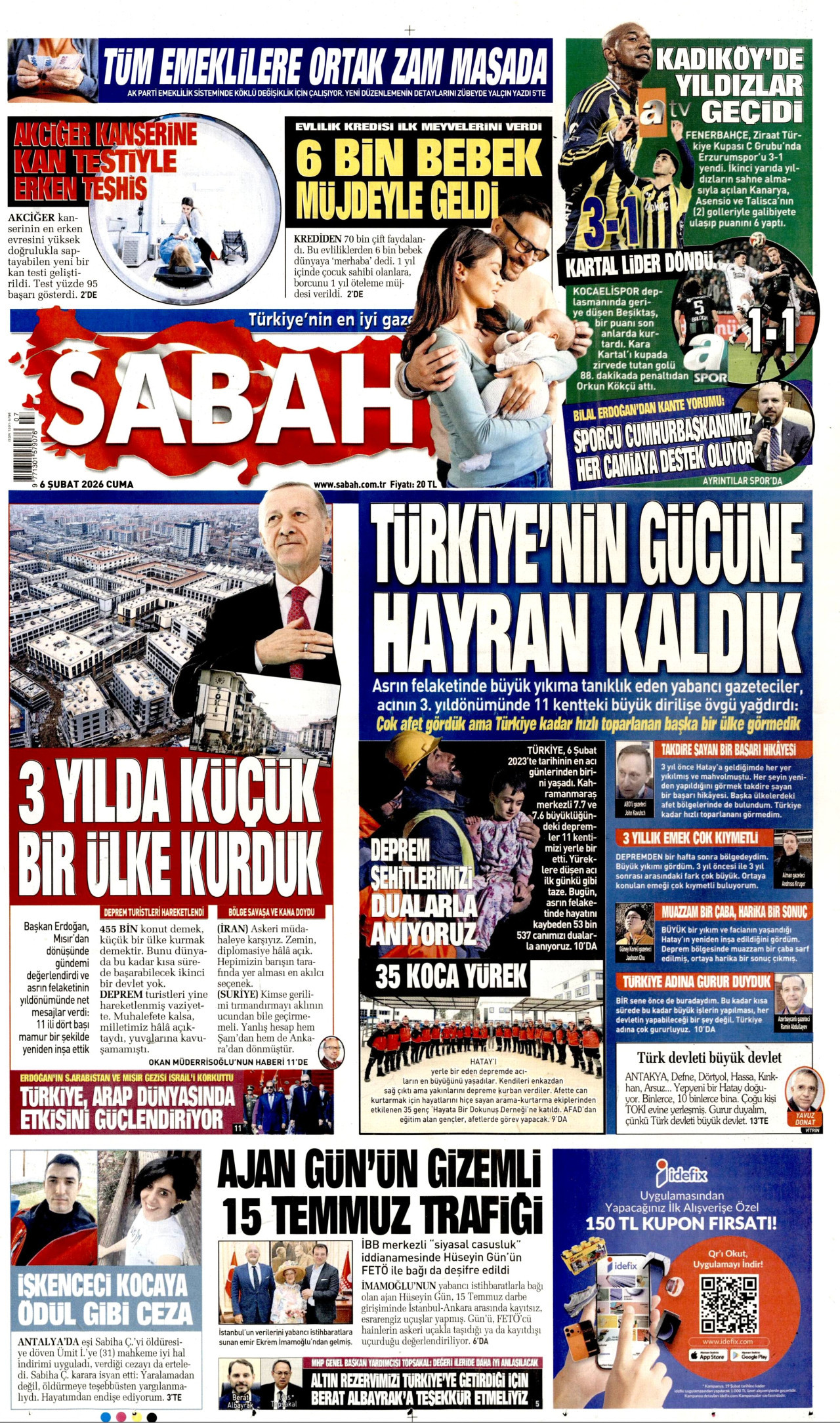 SABAH gazetesinin 6 Şubat 2026 tarihli birinci sayfası
