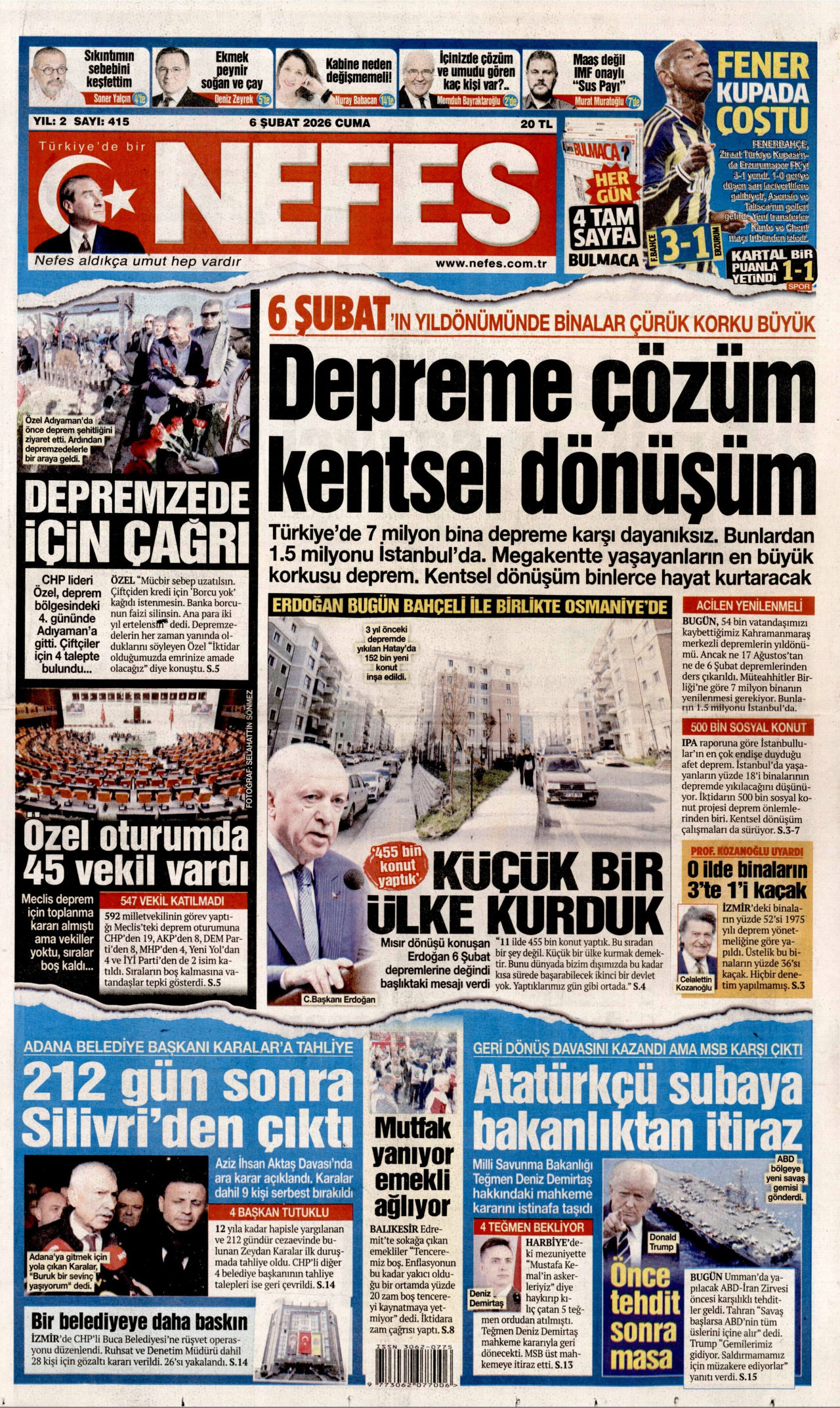 NEFES gazetesinin 6 Şubat 2026 tarihli birinci sayfası