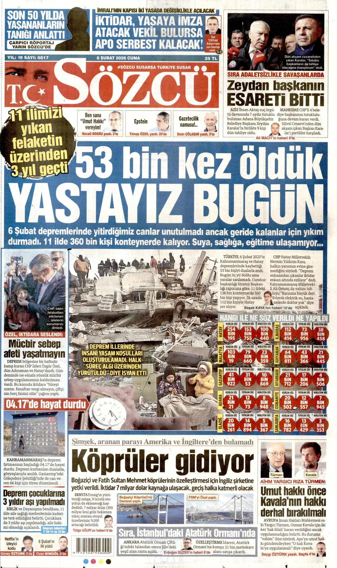 SÖZCÜ gazetesinin 6 Şubat 2026 tarihli birinci sayfası