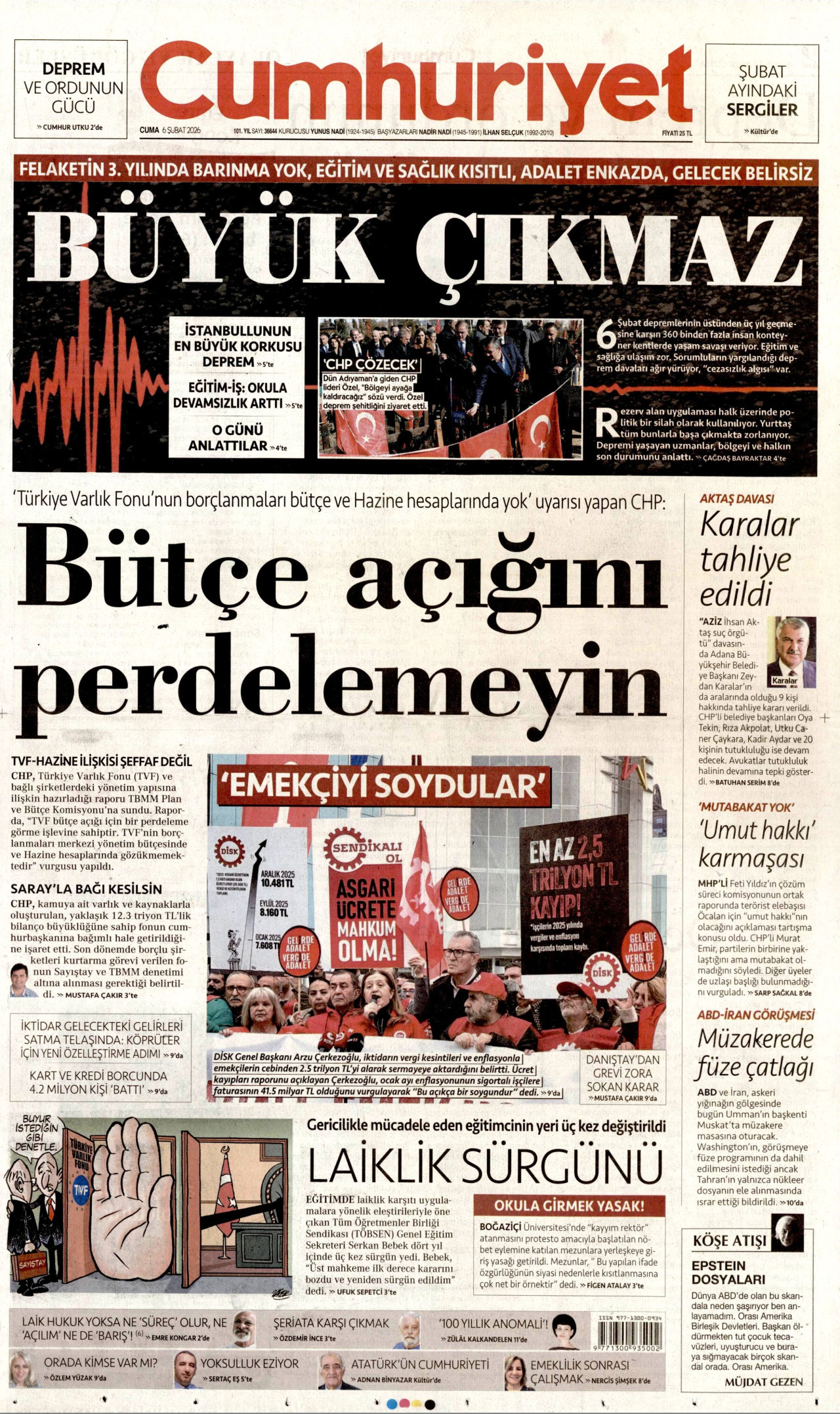 CUMHURİYET gazetesinin 6 Şubat 2026 tarihli birinci sayfası