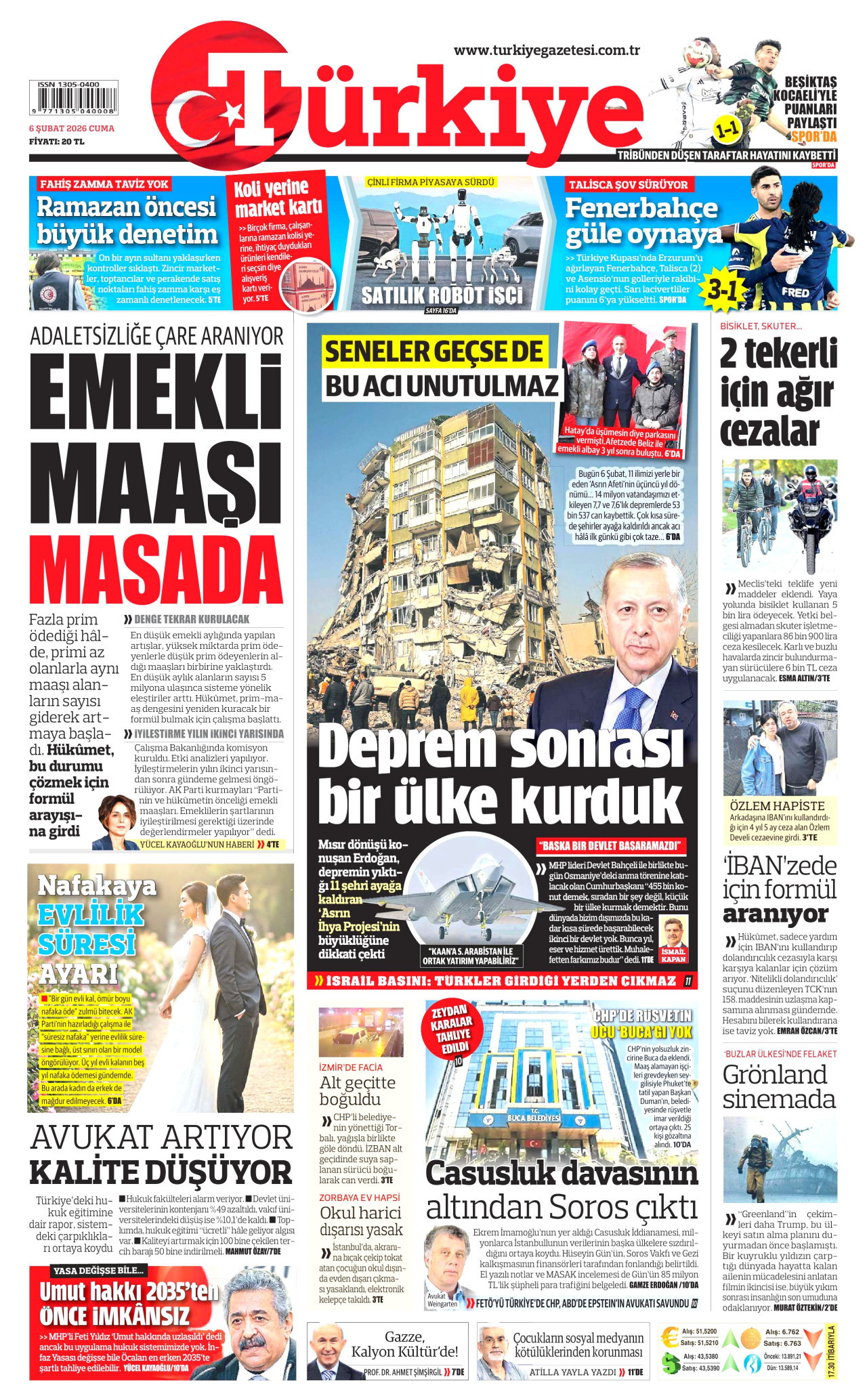 TÜRKİYE GAZETESİ gazetesinin 6 Şubat 2026 tarihli birinci sayfası
