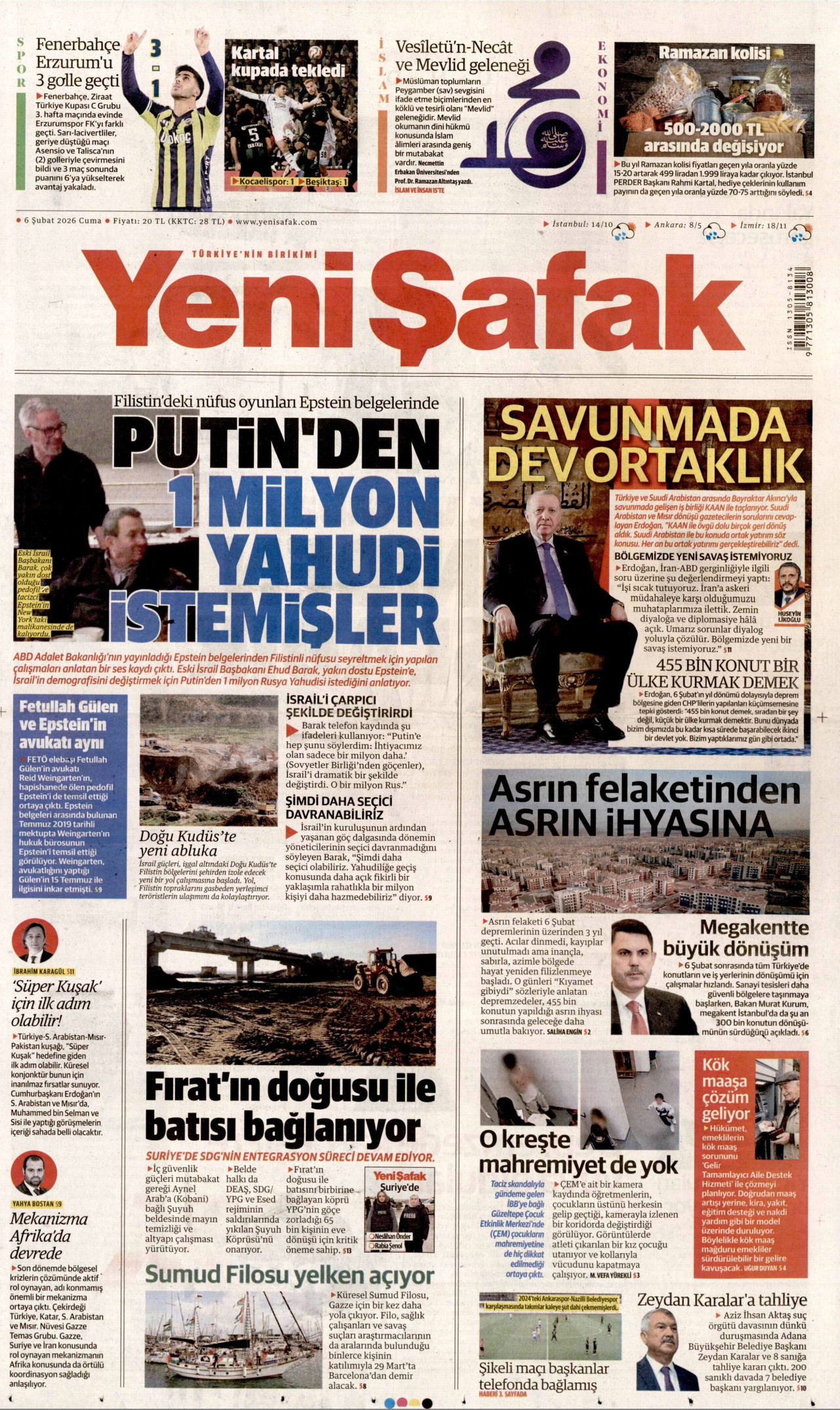 YENİ ŞAFAK gazetesinin 6 Şubat 2026 tarihli birinci sayfası