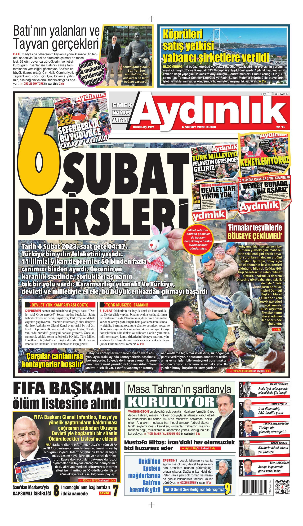 AYDINLIK GAZETESİ gazetesinin 6 Şubat 2026 tarihli birinci sayfası