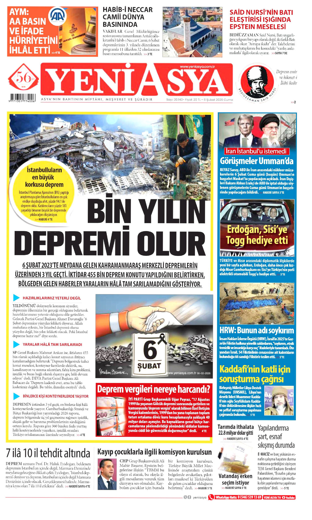 YENİ ASYA gazetesinin 6 Şubat 2026 tarihli birinci sayfası