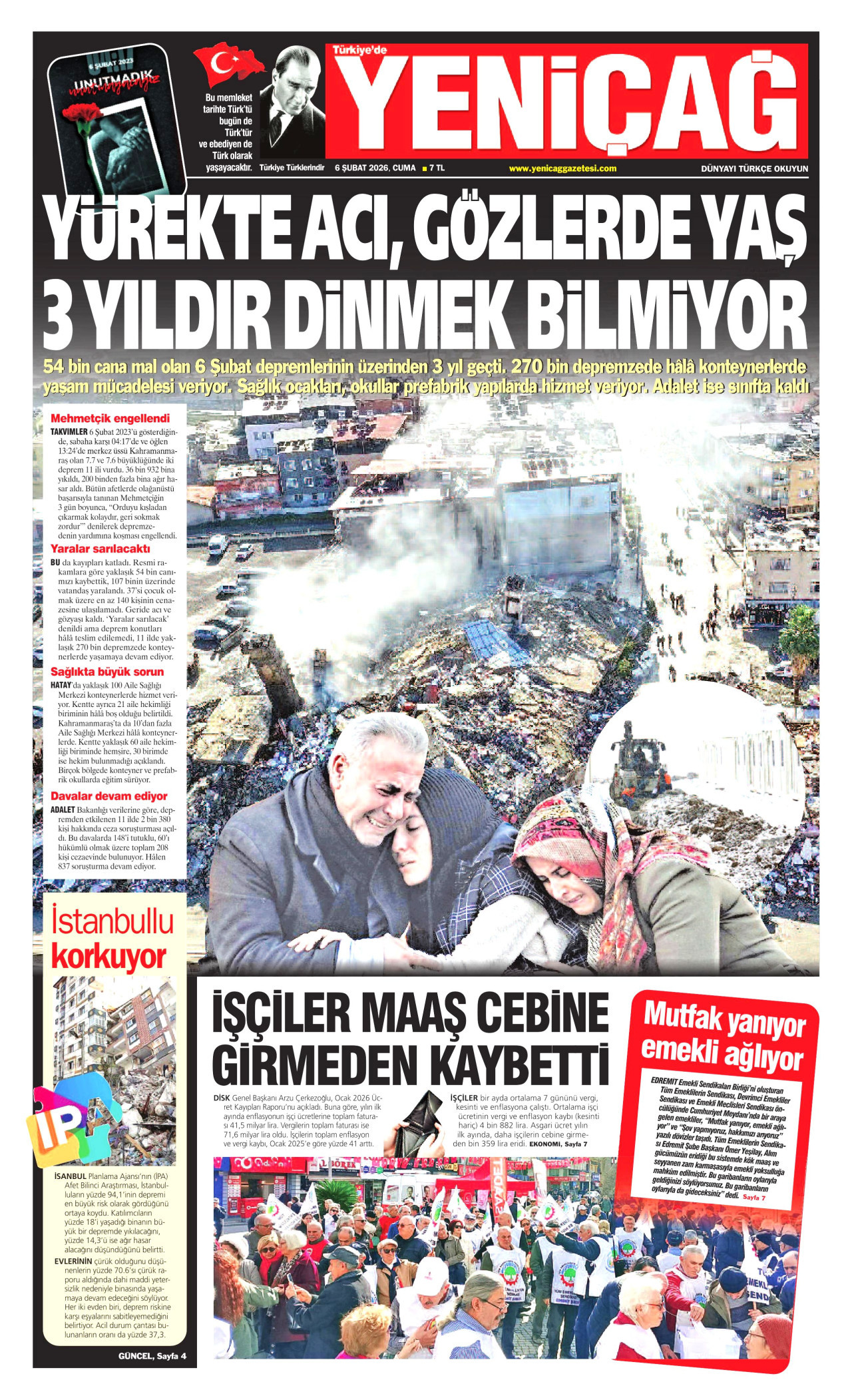 YENİÇAĞ gazetesinin 6 Şubat 2026 tarihli birinci sayfası