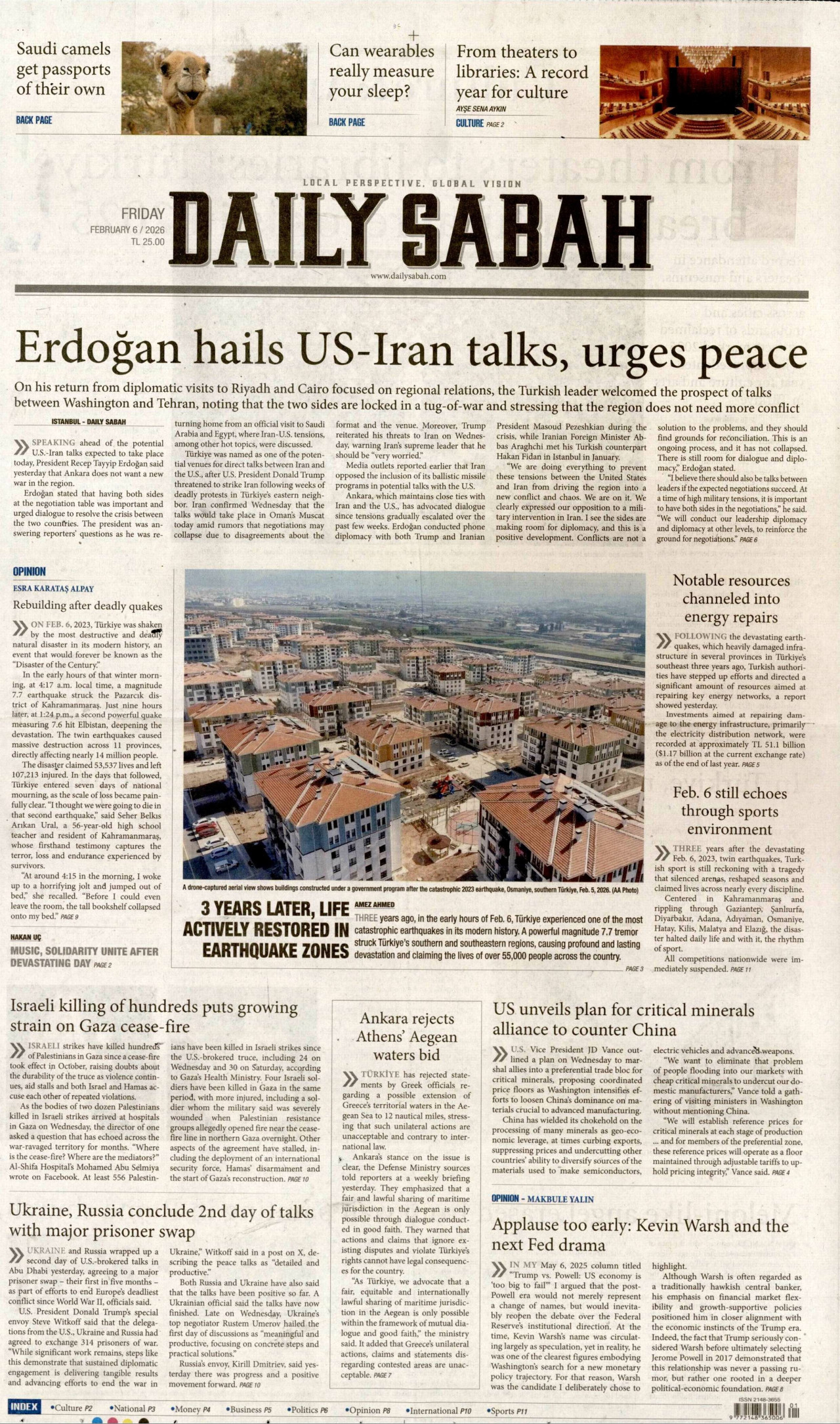 DAİLY SABAH gazetesinin 6 Şubat 2026 tarihli birinci sayfası