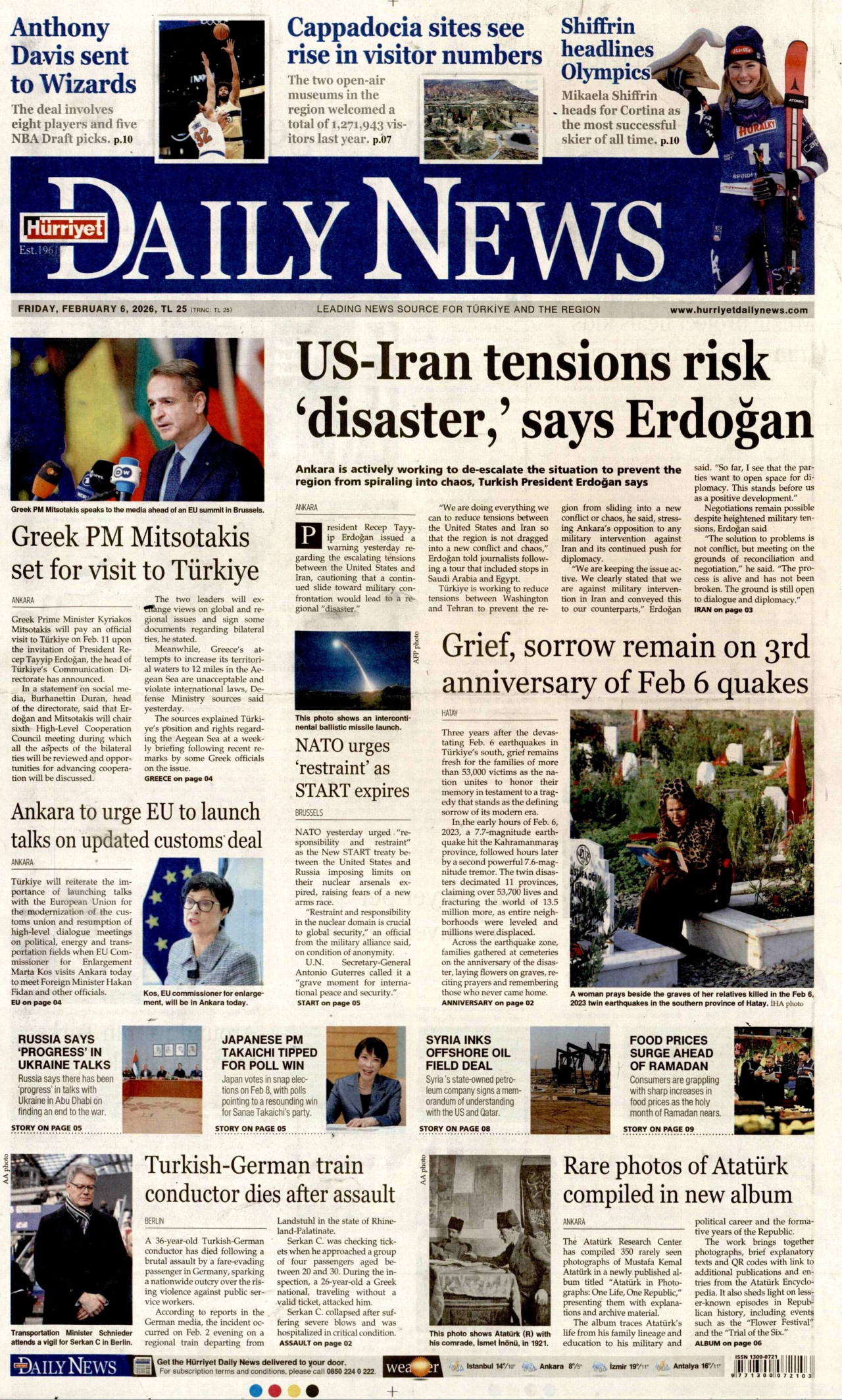 HÜRRİYET DAİLY NEWS gazetesinin 6 Şubat 2026 tarihli birinci sayfası