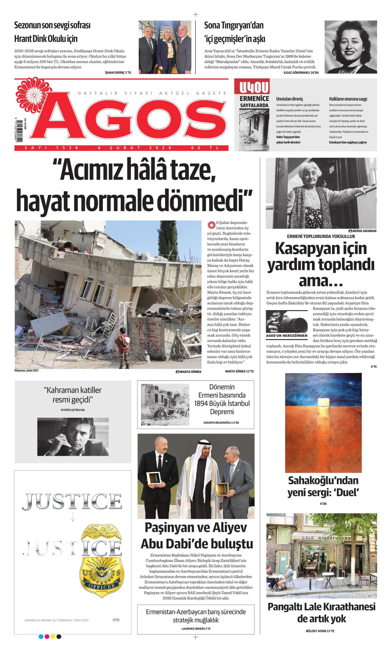 AGOS gazetesinin 6 Şubat 2026 tarihli birinci sayfası