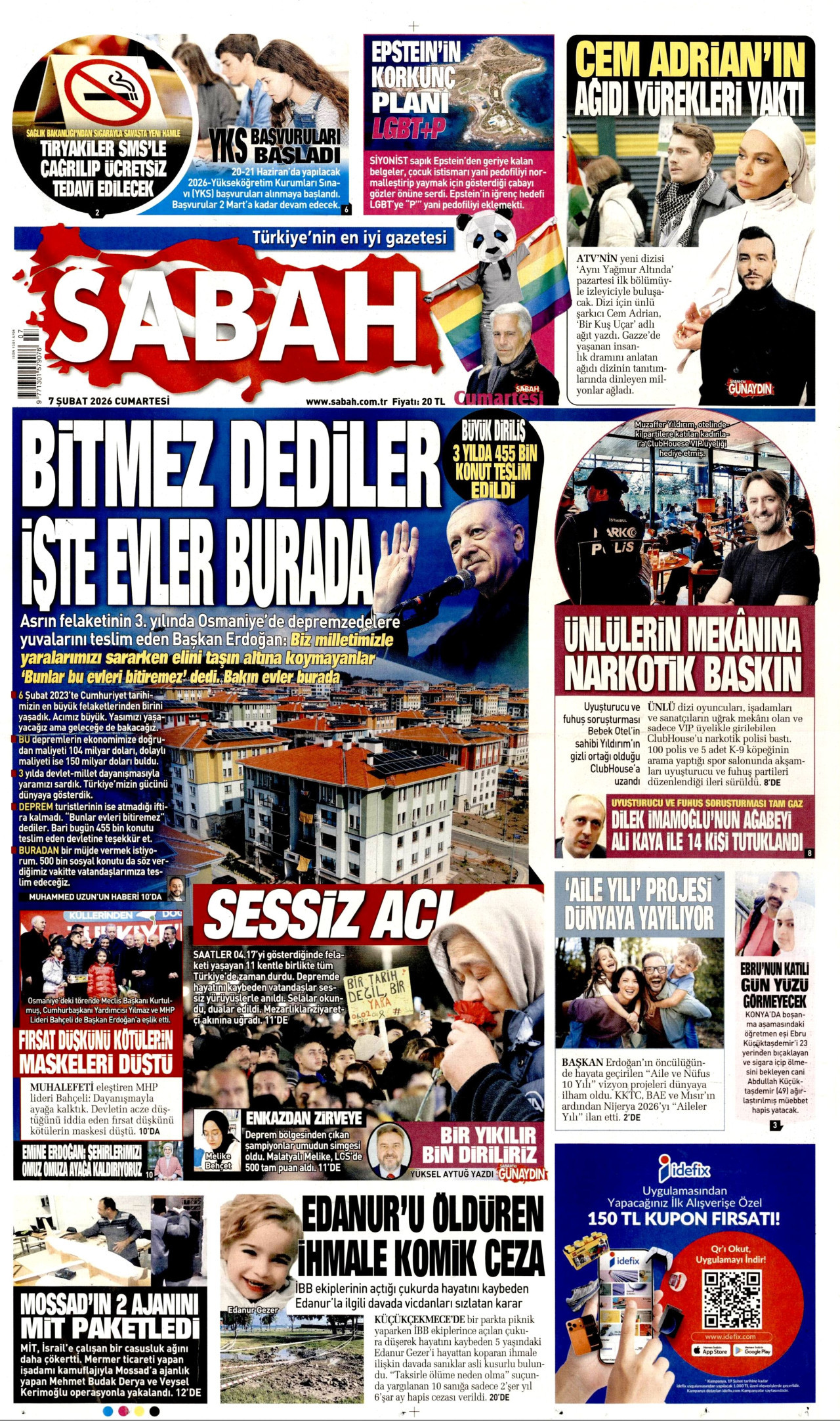 SABAH gazetesinin 7 Şubat 2026 tarihli birinci sayfası