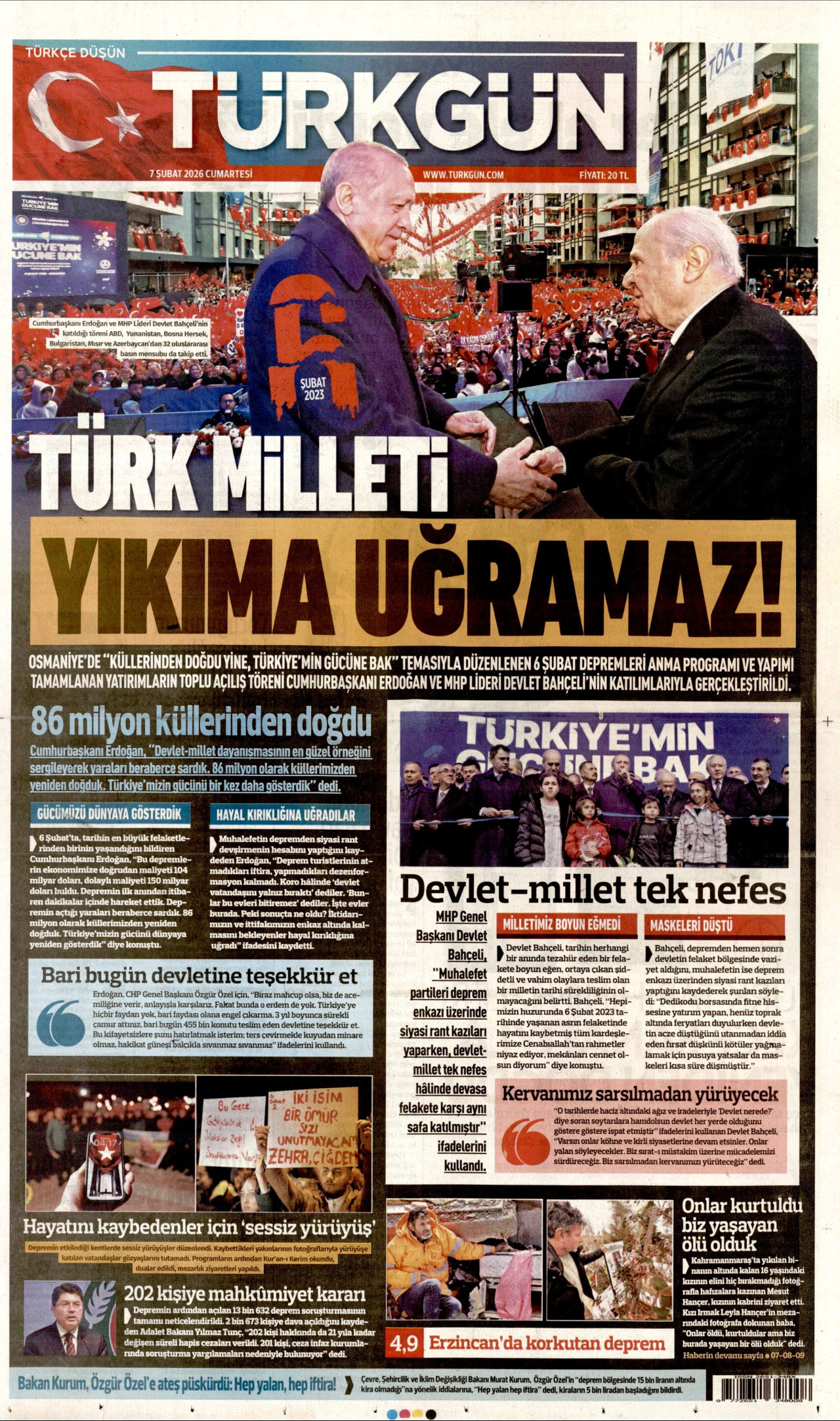 TÜRKGÜN gazetesinin 7 Şubat 2026 tarihli birinci sayfası