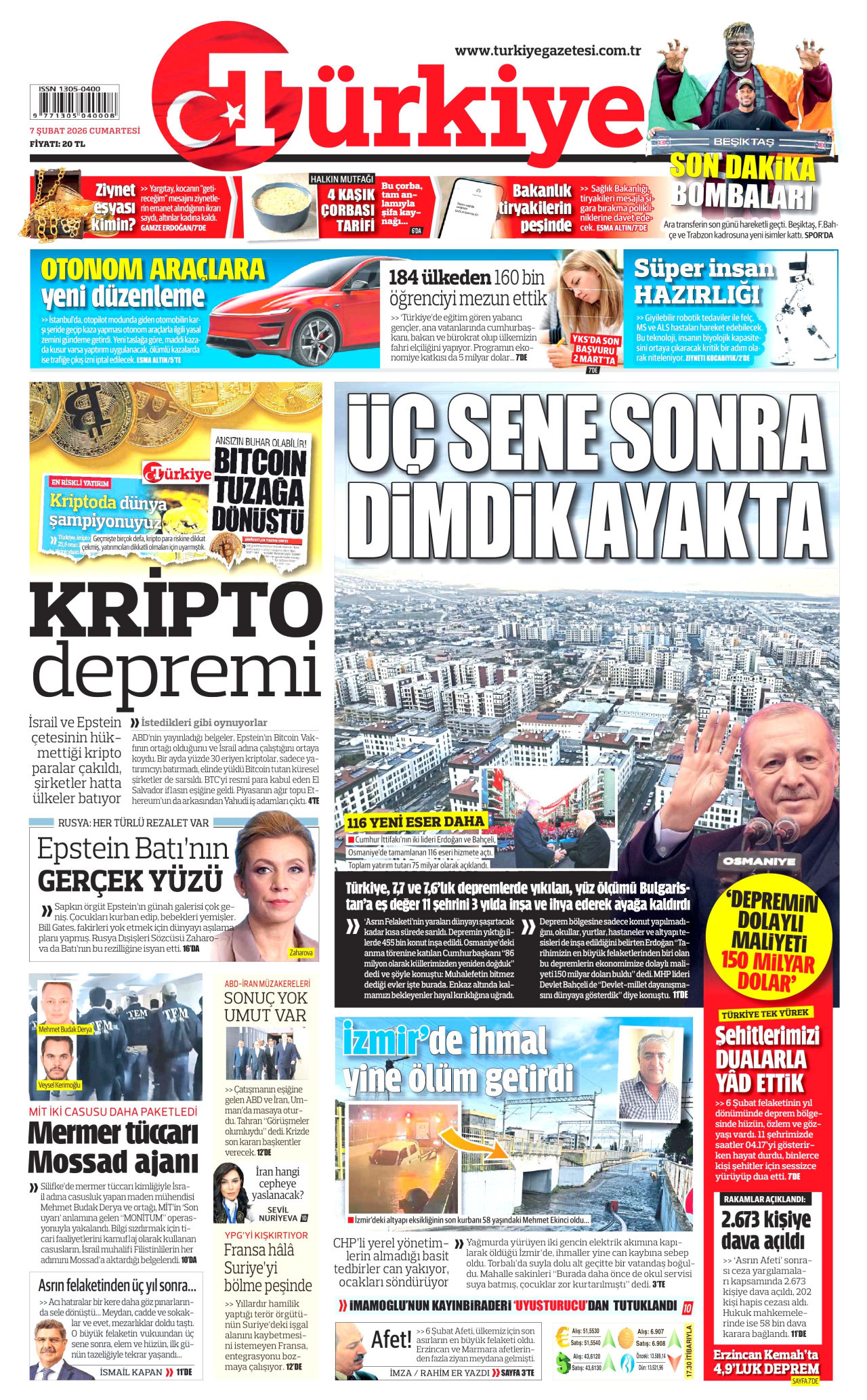 TÜRKİYE GAZETESİ gazetesinin 7 Şubat 2026 tarihli birinci sayfası