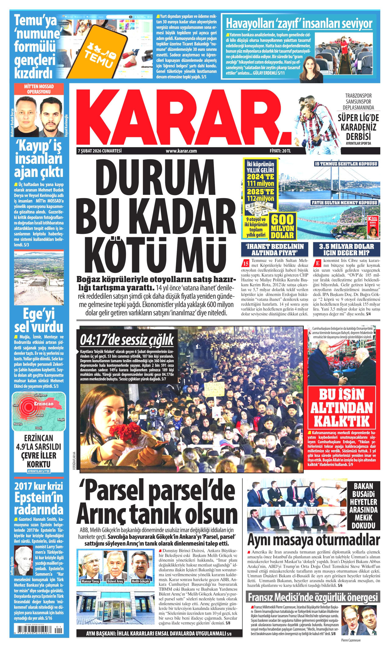 KARAR gazetesinin 7 Şubat 2026 tarihli birinci sayfası