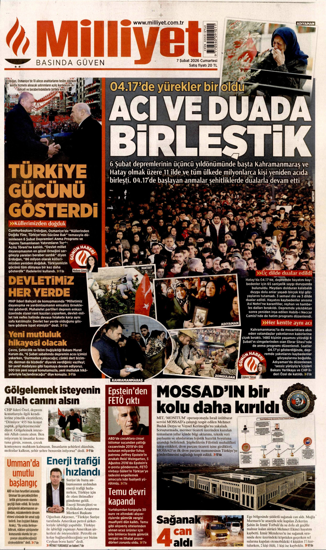 MİLLİYET gazetesinin 7 Şubat 2026 tarihli birinci sayfası