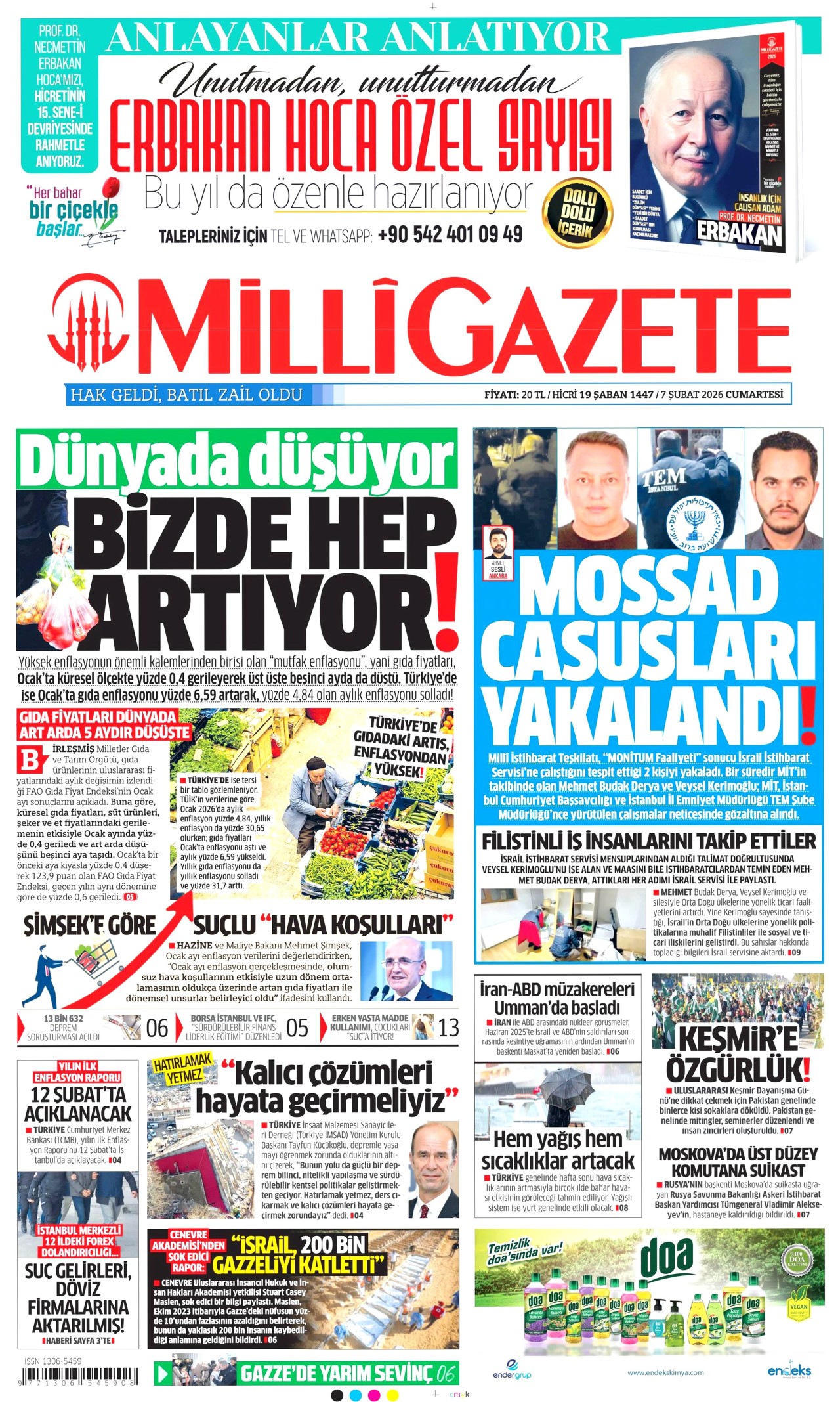 MİLLİ GAZETE gazetesinin 7 Şubat 2026 tarihli birinci sayfası