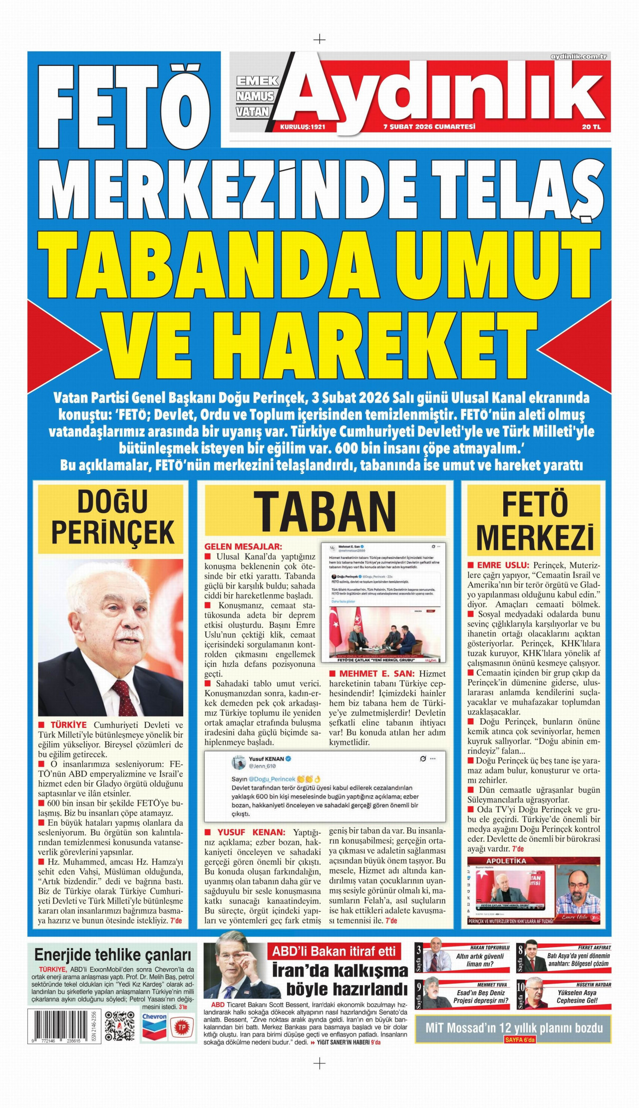 AYDINLIK GAZETESİ gazetesinin 7 Şubat 2026 tarihli birinci sayfası