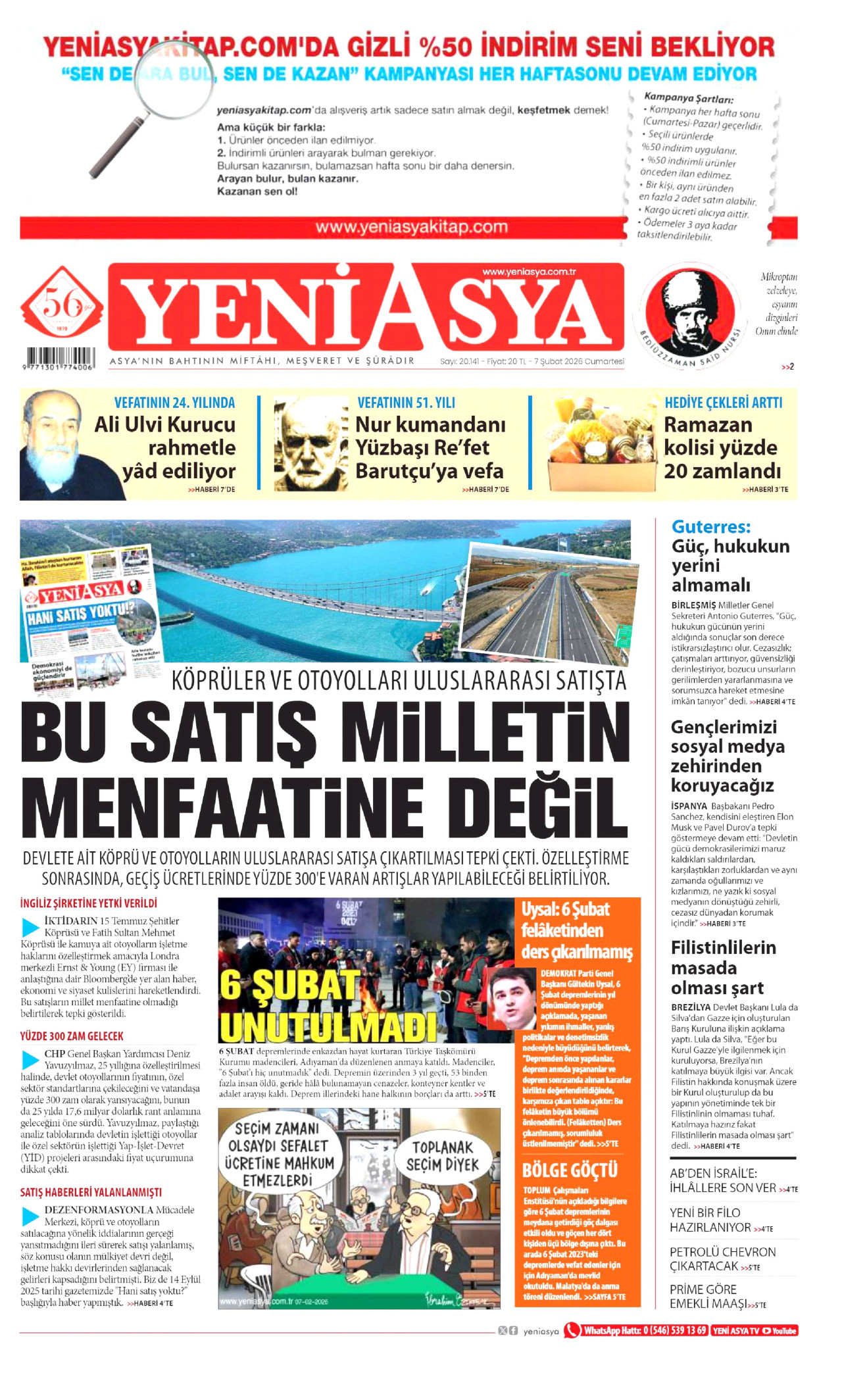 YENİ ASYA gazetesinin 7 Şubat 2026 tarihli birinci sayfası